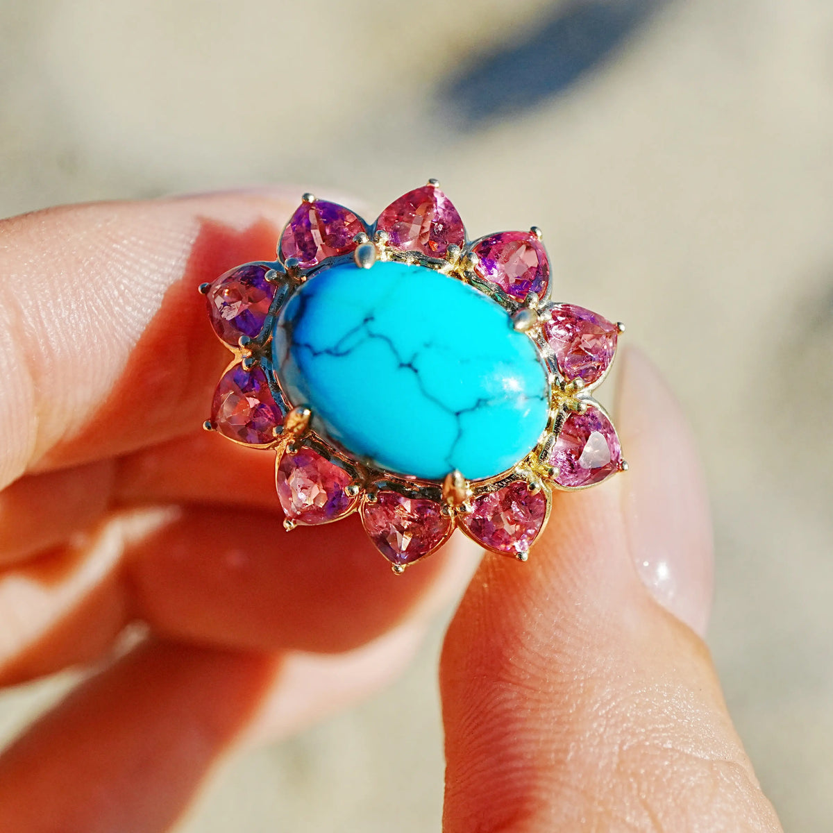 14k yellow gold Bloom Halo 6.15 ctw Natural Turquoise & Pink Tourmaline East-West Ring (One-of-a-Kind)