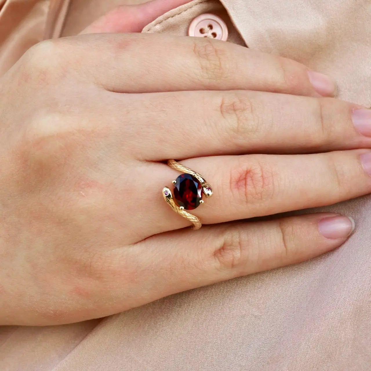 yellow gold garnet ruby snake ring