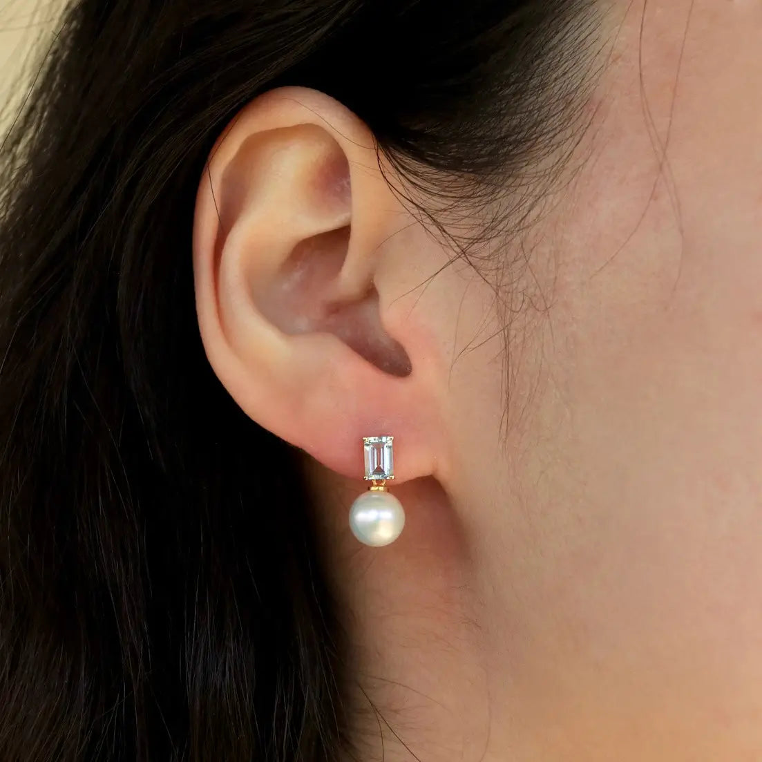aquamarine and 8-9 mm cultured pearl drop earrings