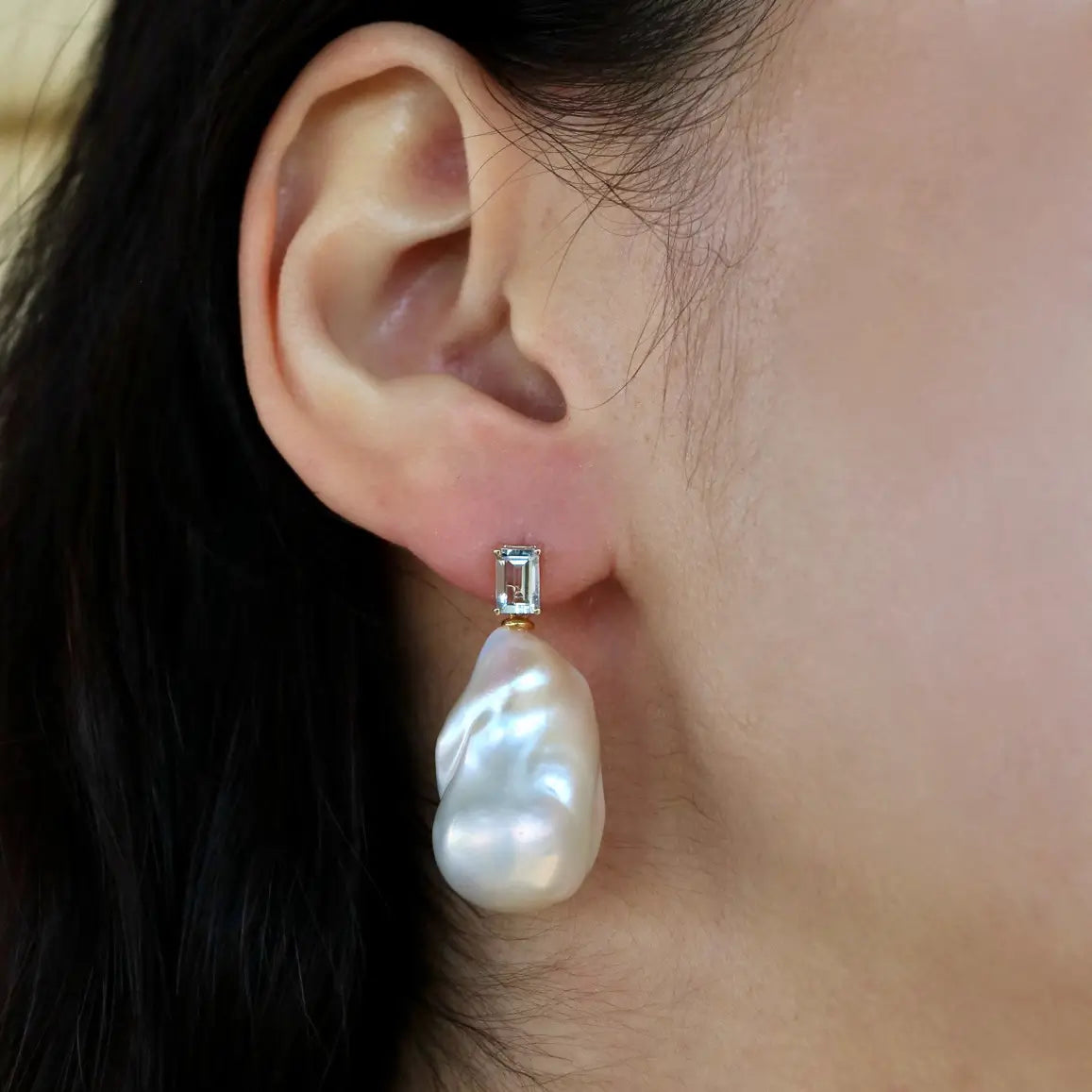 14k yellow gold natural sky blue aquamarine baroque pearl convertible drop earrings