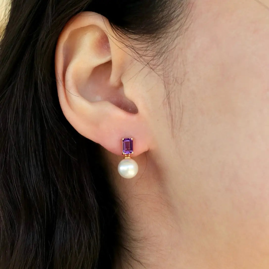 14k yellow gold natural amethyst cultured pearl convertible drop earrings