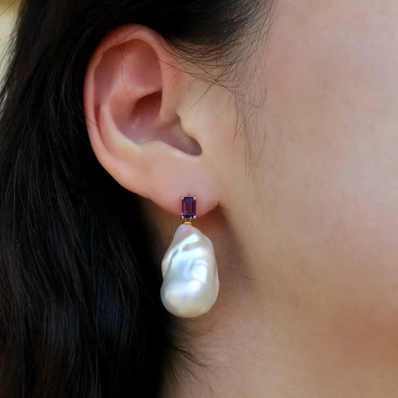 14k yellow gold natural amethyst gemstone baroque pearl earrings