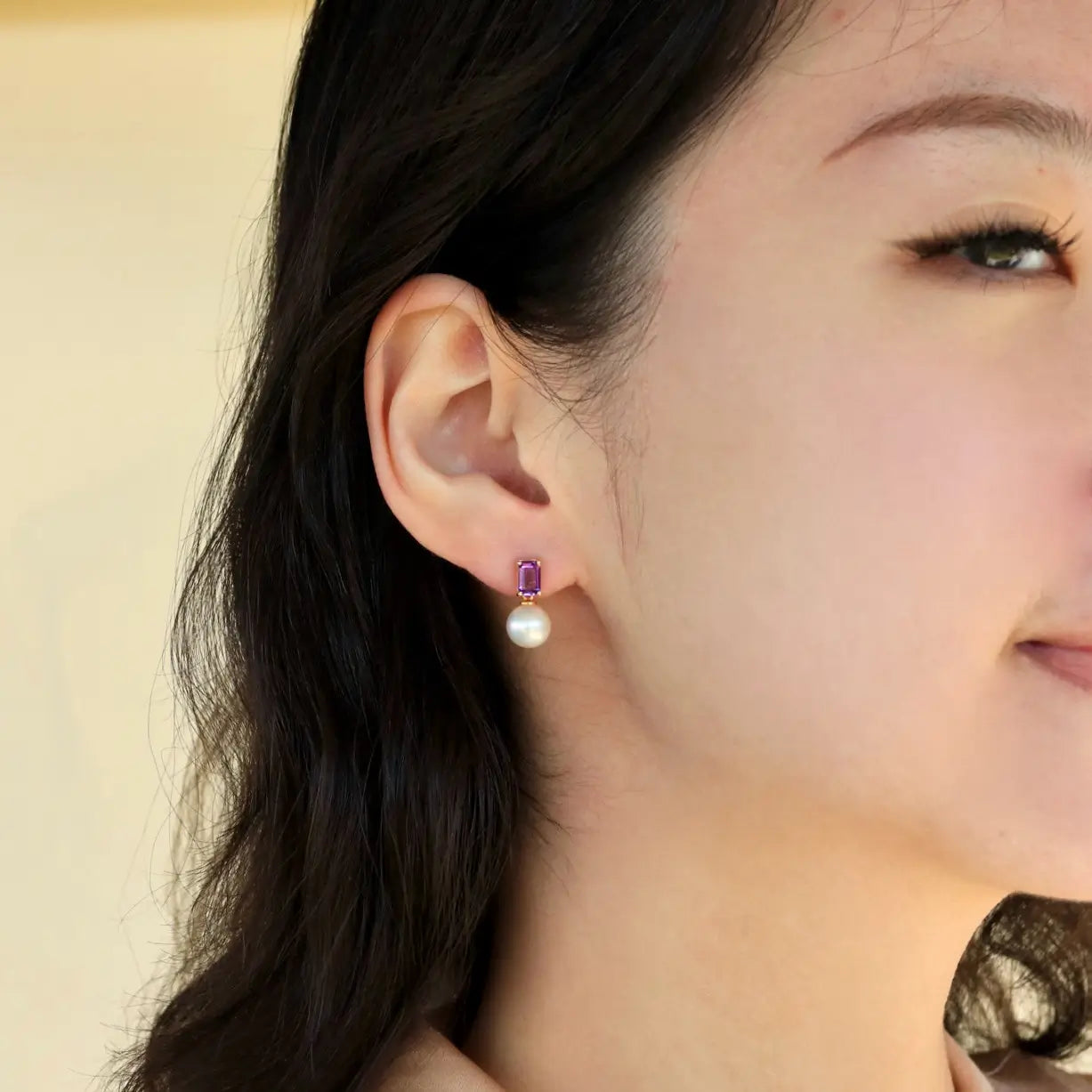 14k yellow gold purple amethyst cultured pearl drop earrings