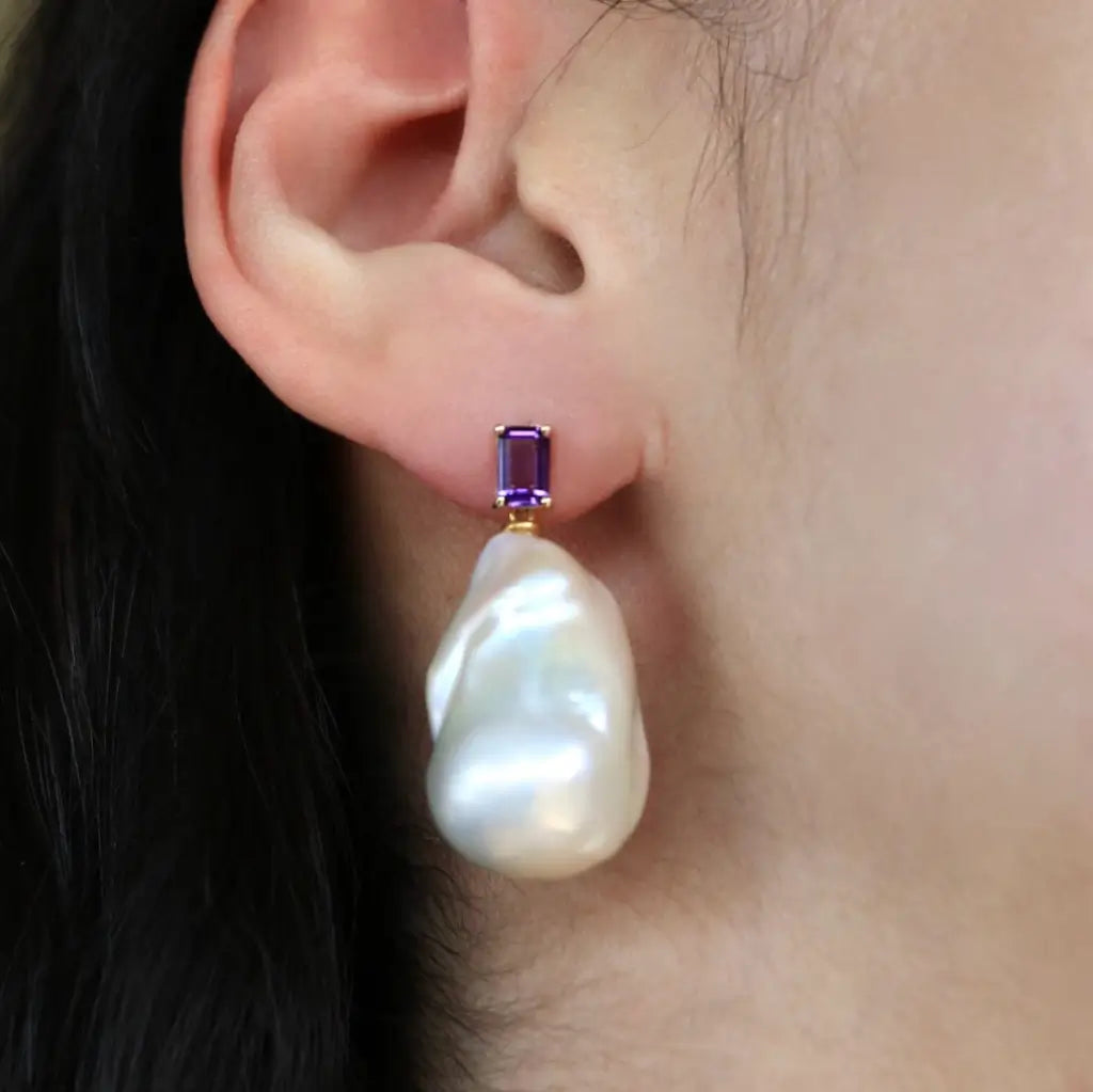 14k yellow gold purple amethyst big baroque pearl drop earrings gift
