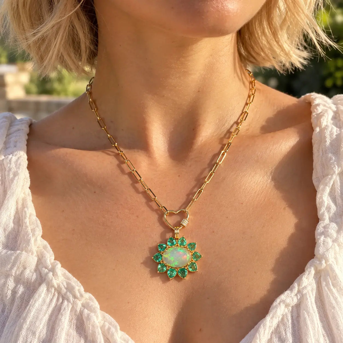 14k yellow gold Bloom Halo 7.96 ctw Natural Opal & Emerald Diamond Heart Lock Paperclip Chain Necklace (One-of-a-Kind)