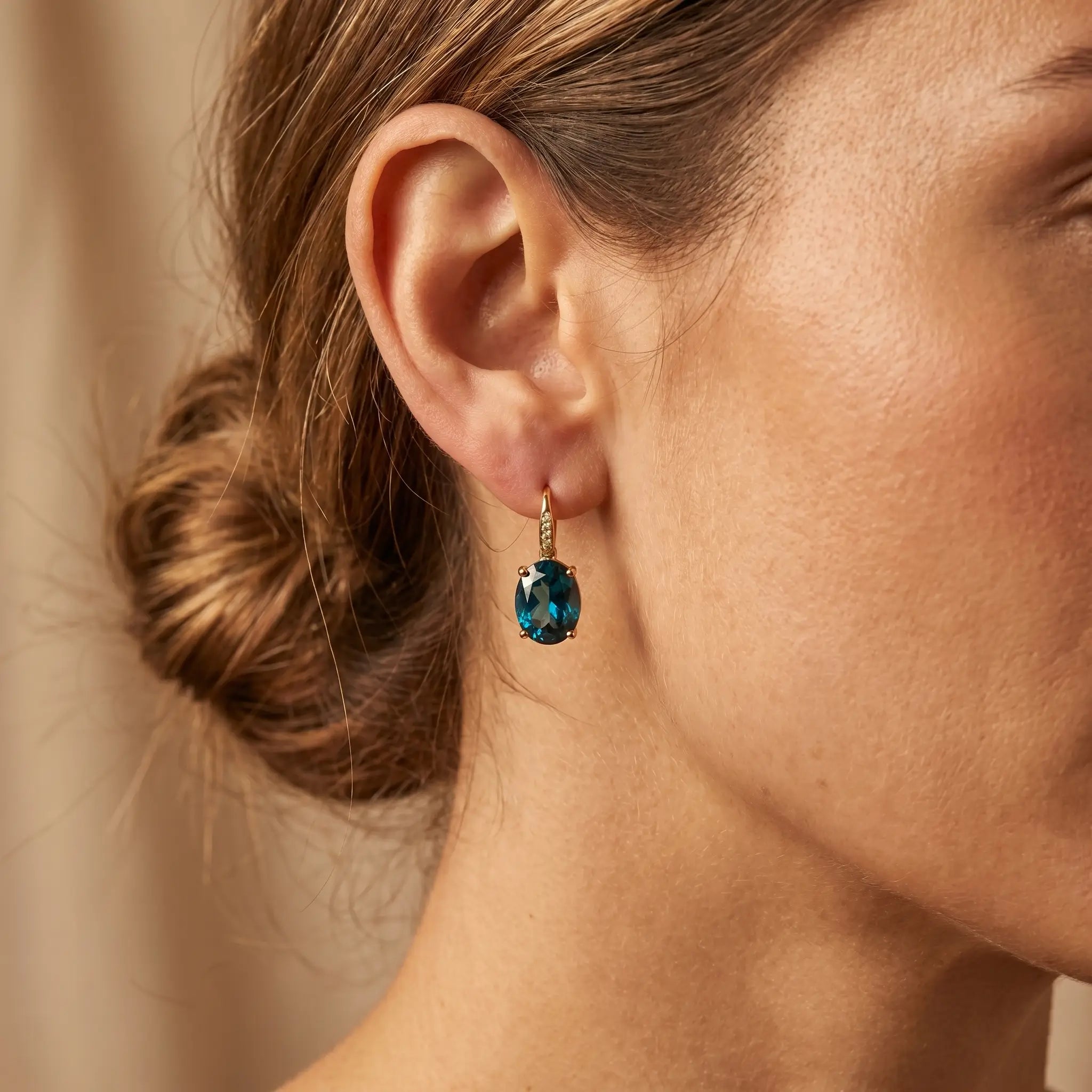 Radiant Natural Oval London Blue Topaz Diamond Drop Earrings in 14k yellow gold