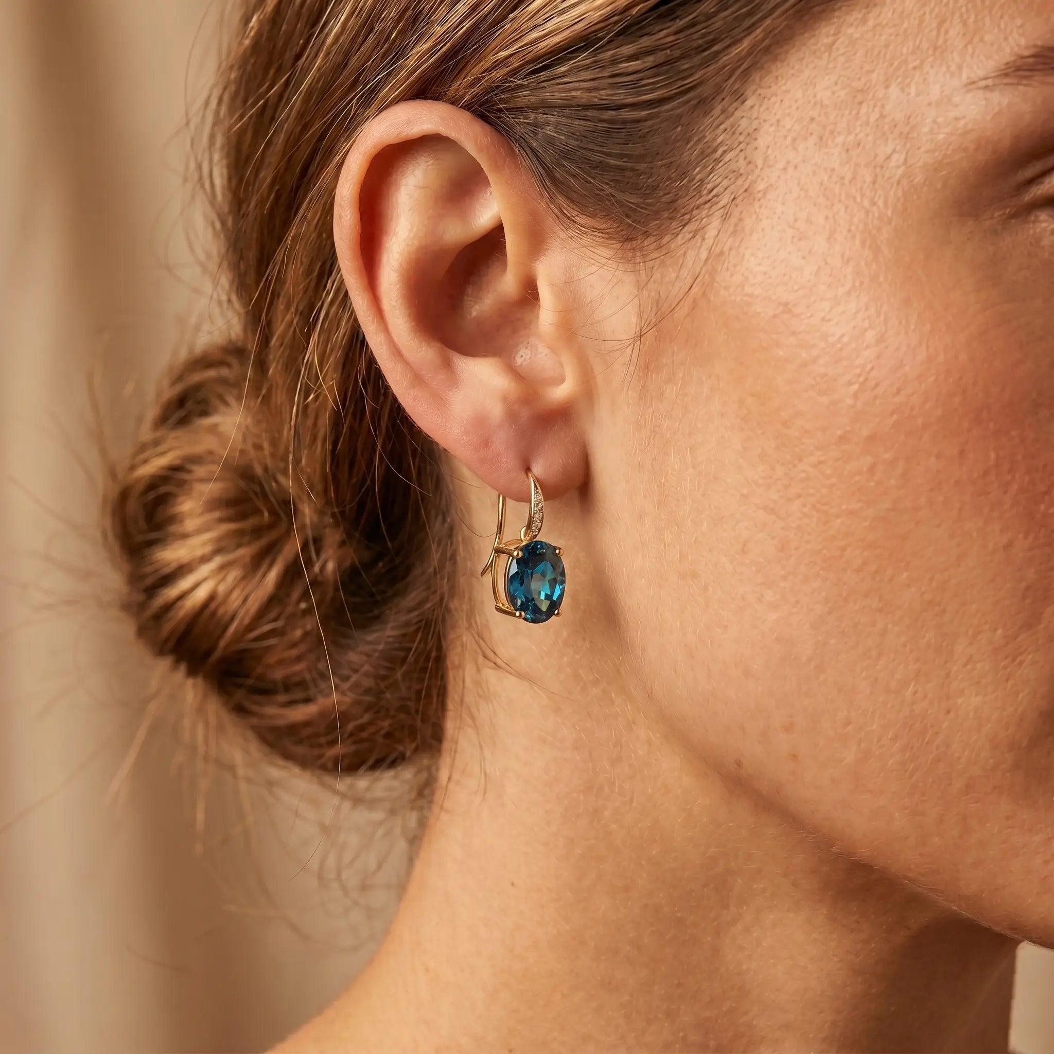 Radiant Natural Oval London Blue Topaz Diamond Drop Earrings in 14k yellow gold