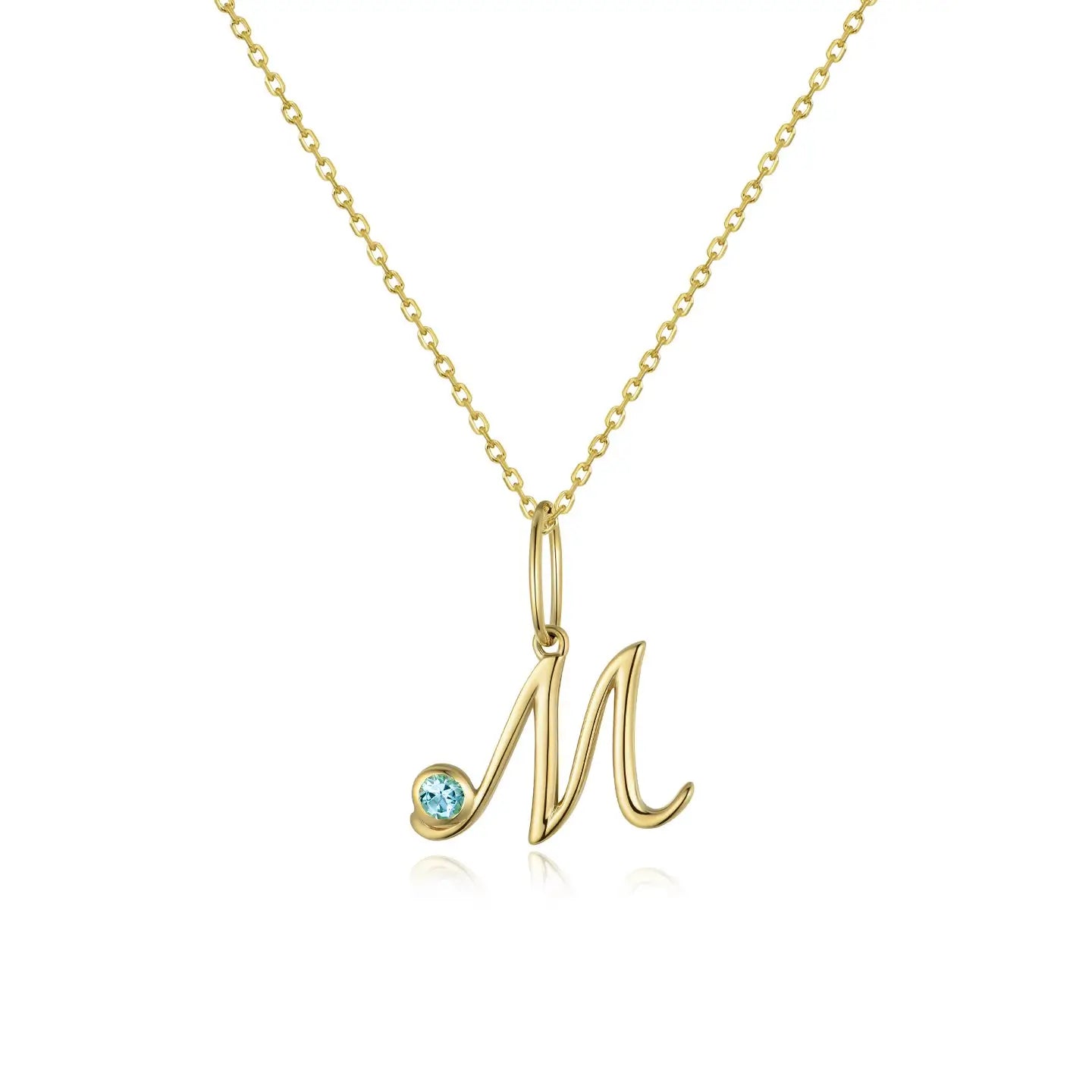 Cursive Initial M Birthstone Necklace 14k yellow gold solid gold 