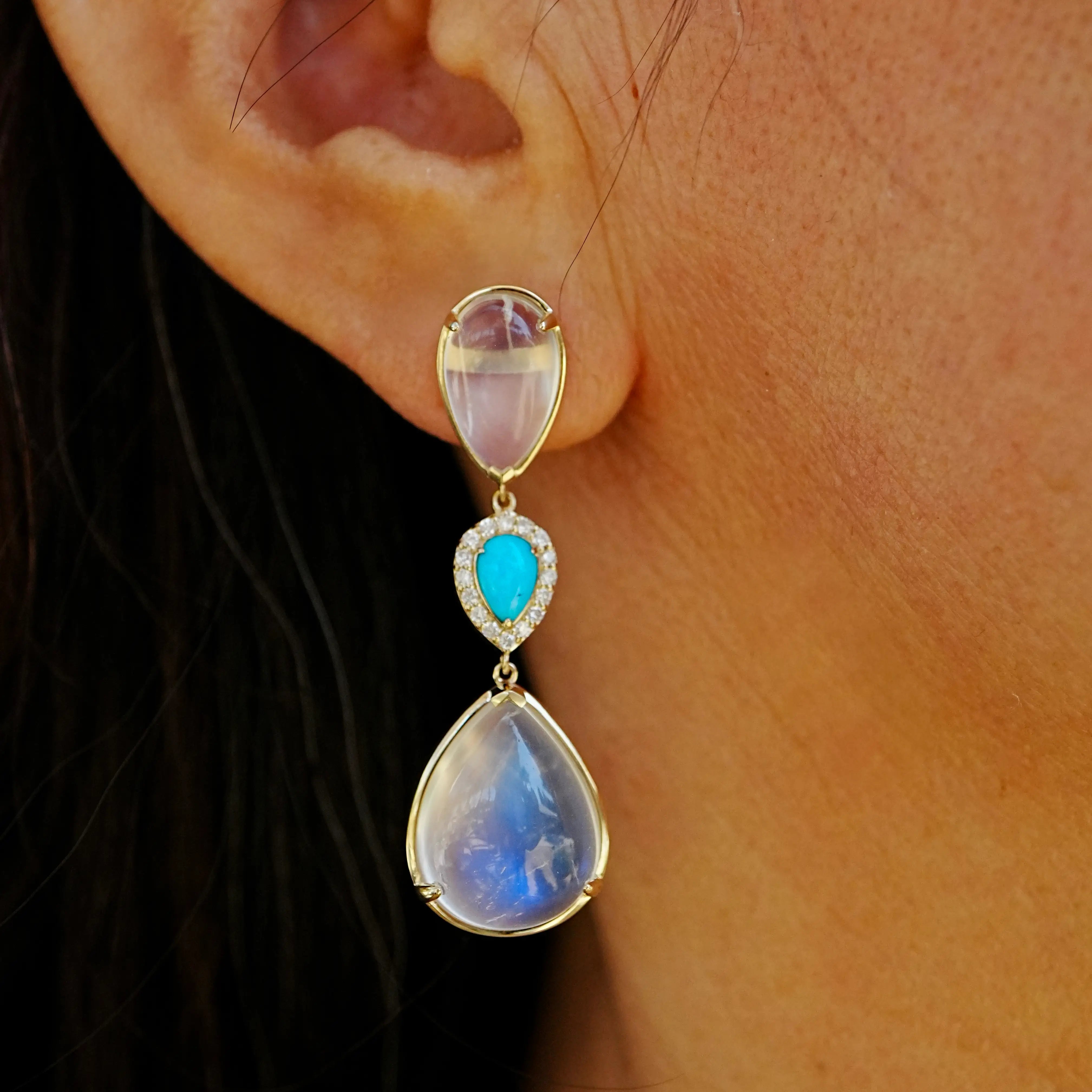 kai fine jewelry Garden Melody natural 27.36 ctw Natural Moonstone, Turquoise & Diamond Drop Earrings in 24k yellow gold (One-of-a-Kind)