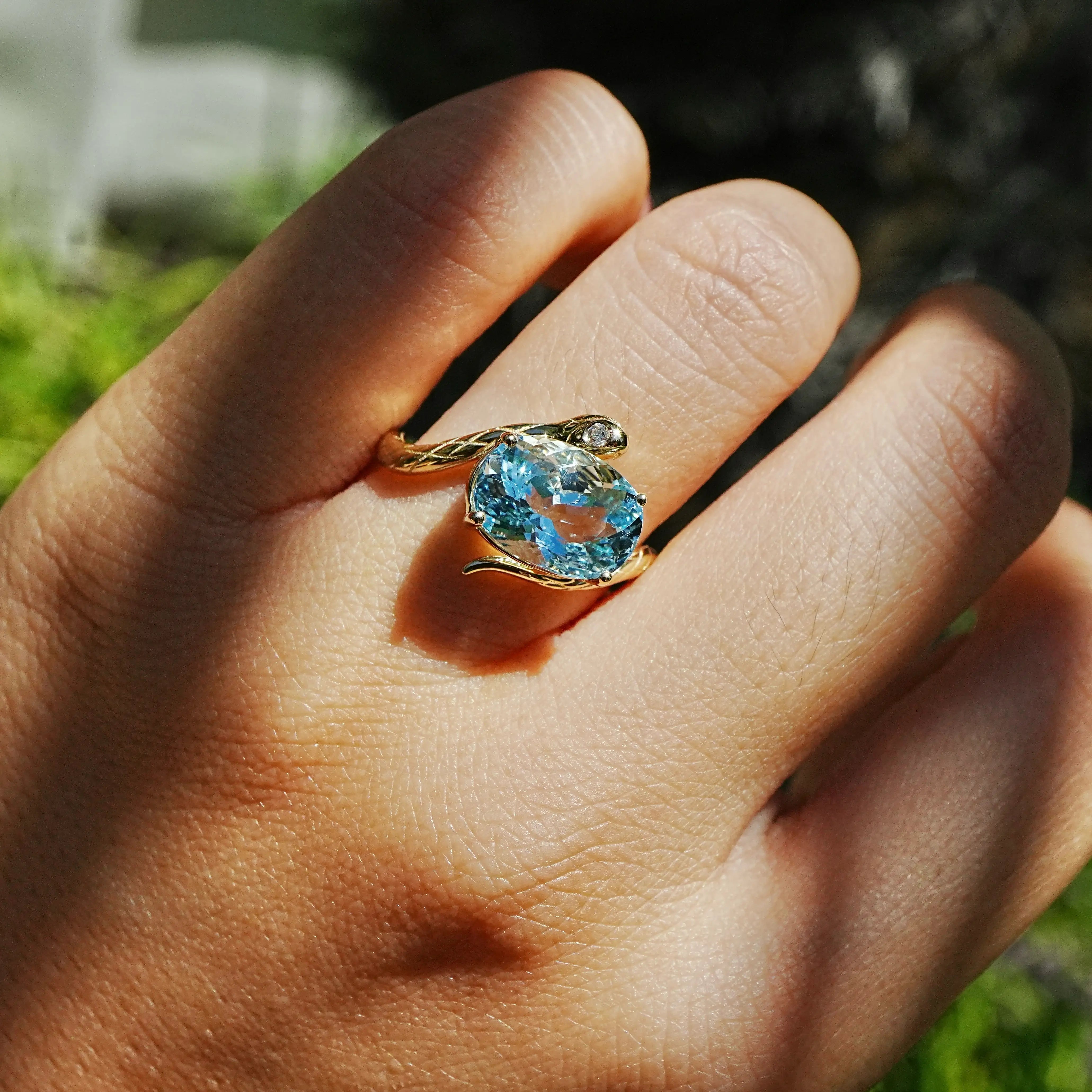 14k yellow gold Snake Protection 3.42 ctw Natural Aquamarine & Diamond East-West Ring (One-of-a-Kind)