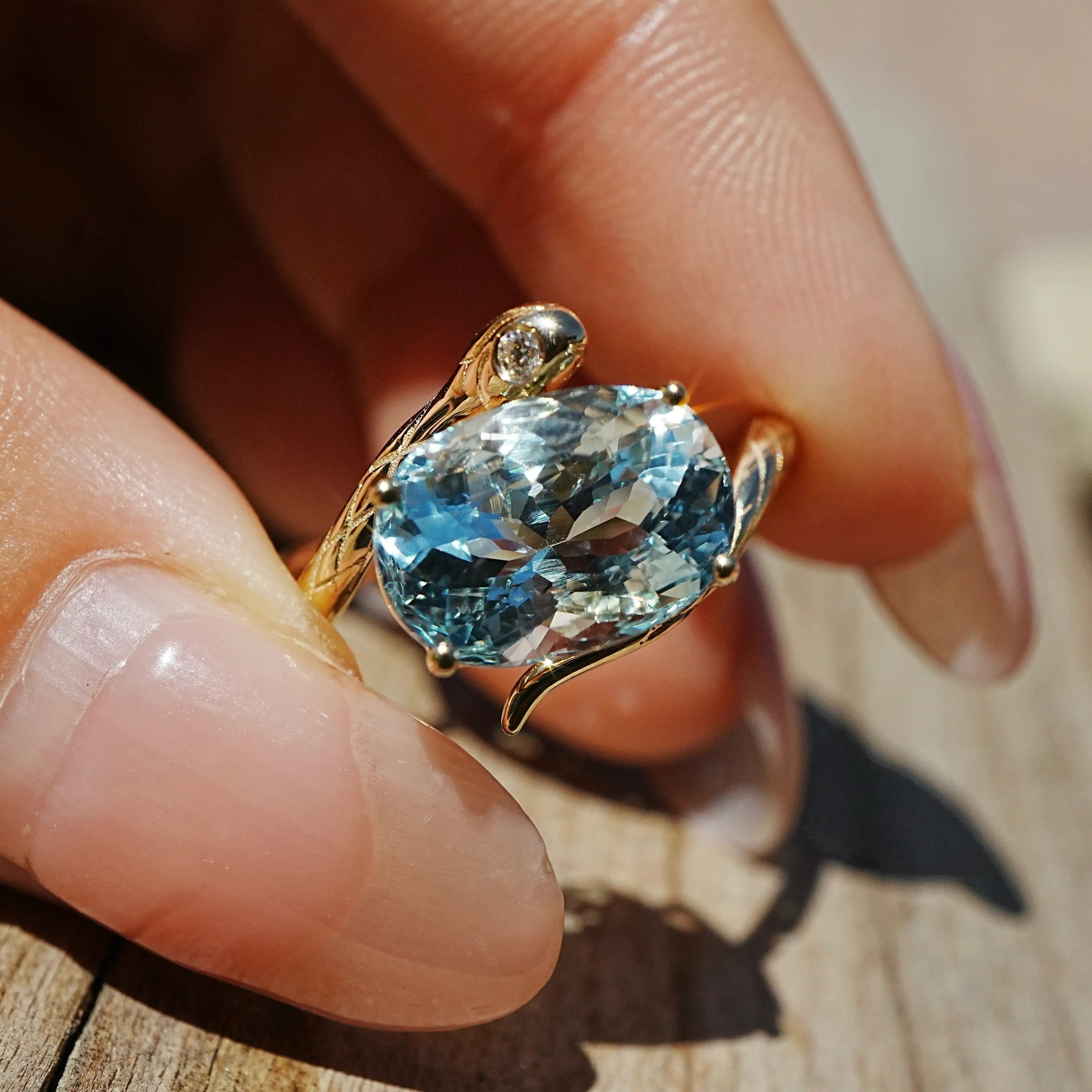 14k yellow gold Snake Protection 3.42 ctw Natural Aquamarine & Diamond East-West Ring (One-of-a-Kind)