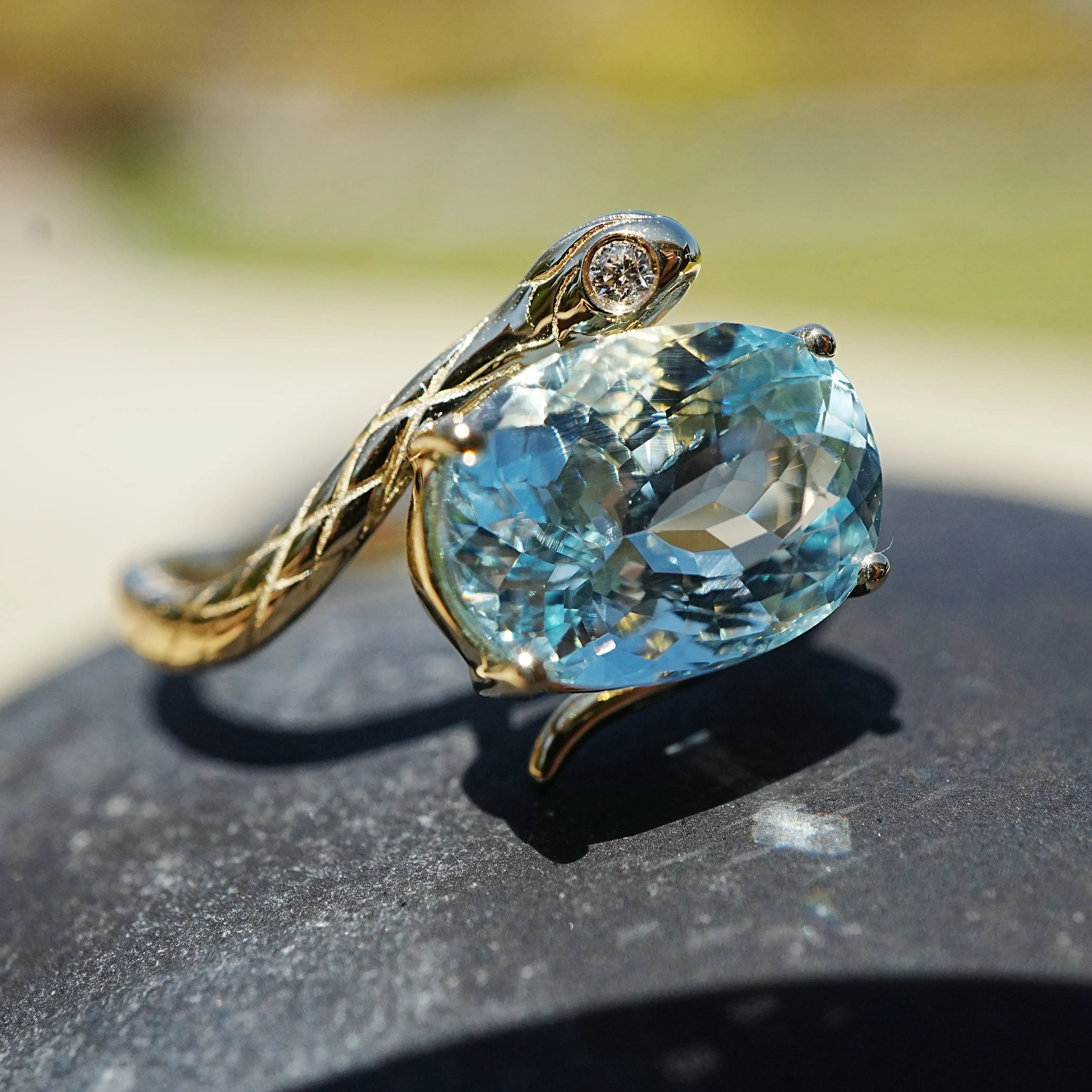 14k yellow gold Snake Protection 3.42 ctw Natural Aquamarine & Diamond East-West Ring (One-of-a-Kind)