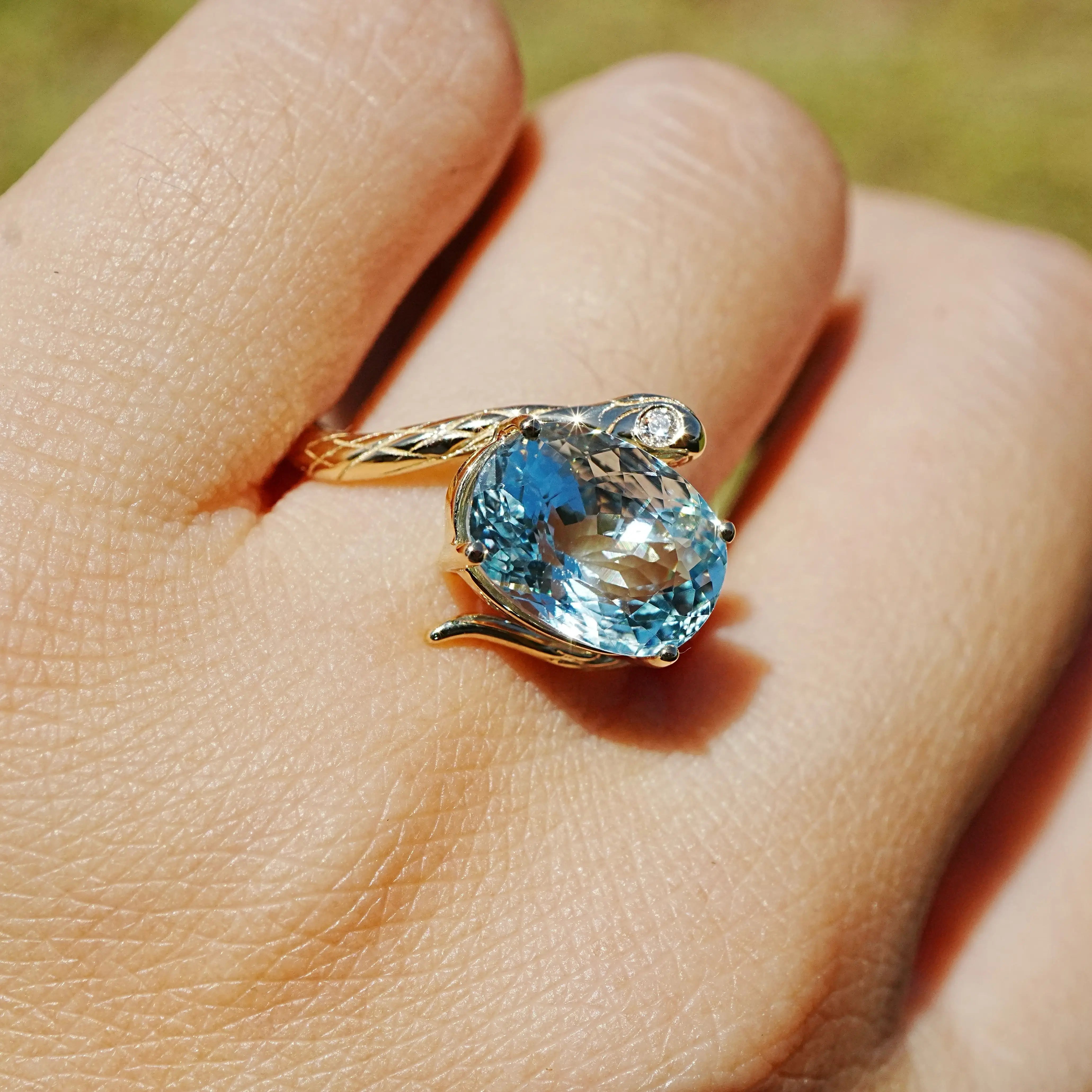 14k yellow gold Snake Protection 3.42 ctw Natural Aquamarine & Diamond East-West Ring (One-of-a-Kind)