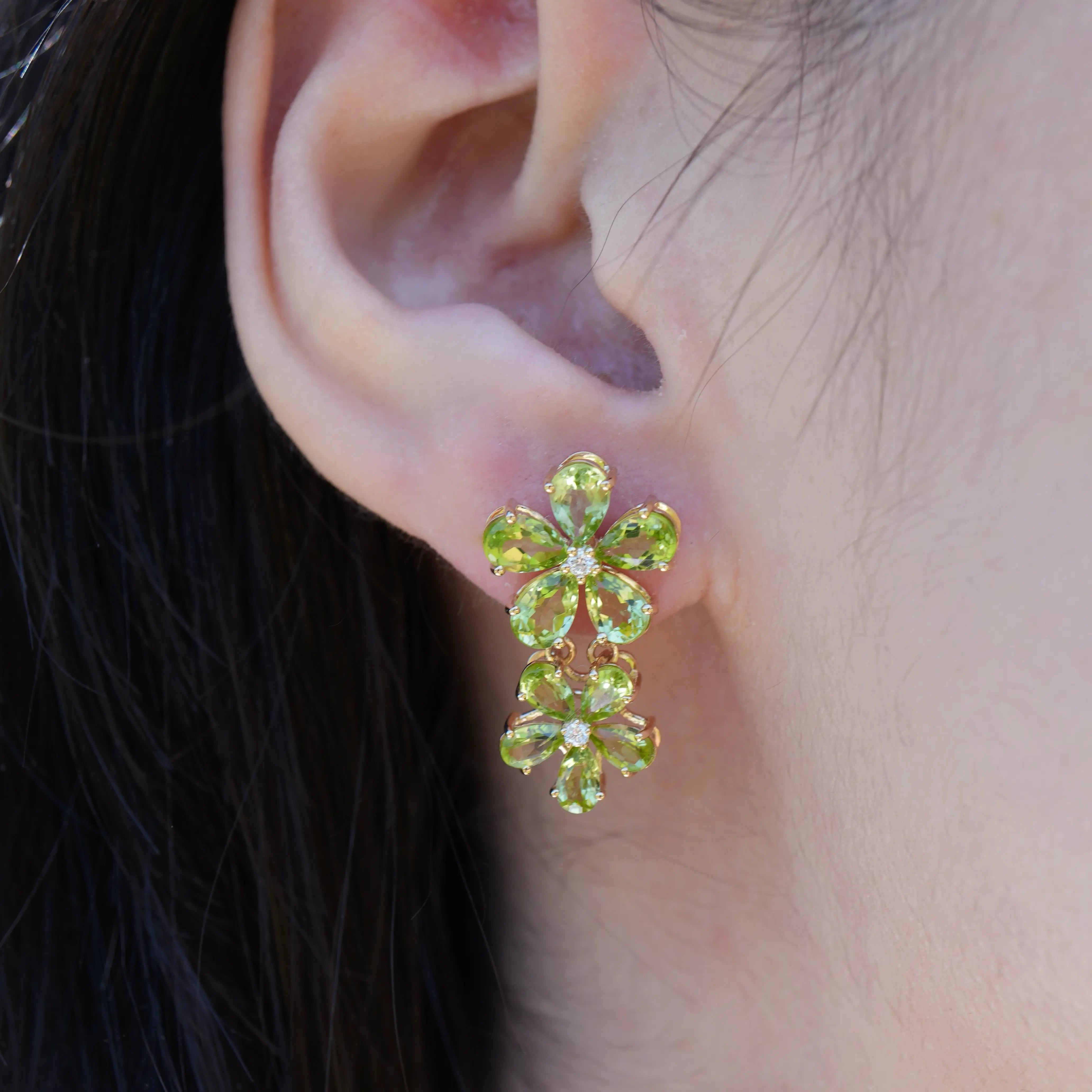 Nina Zhou x Kai Natural Peridot Diamond Double Blossom Drop Earrings in 14k gold