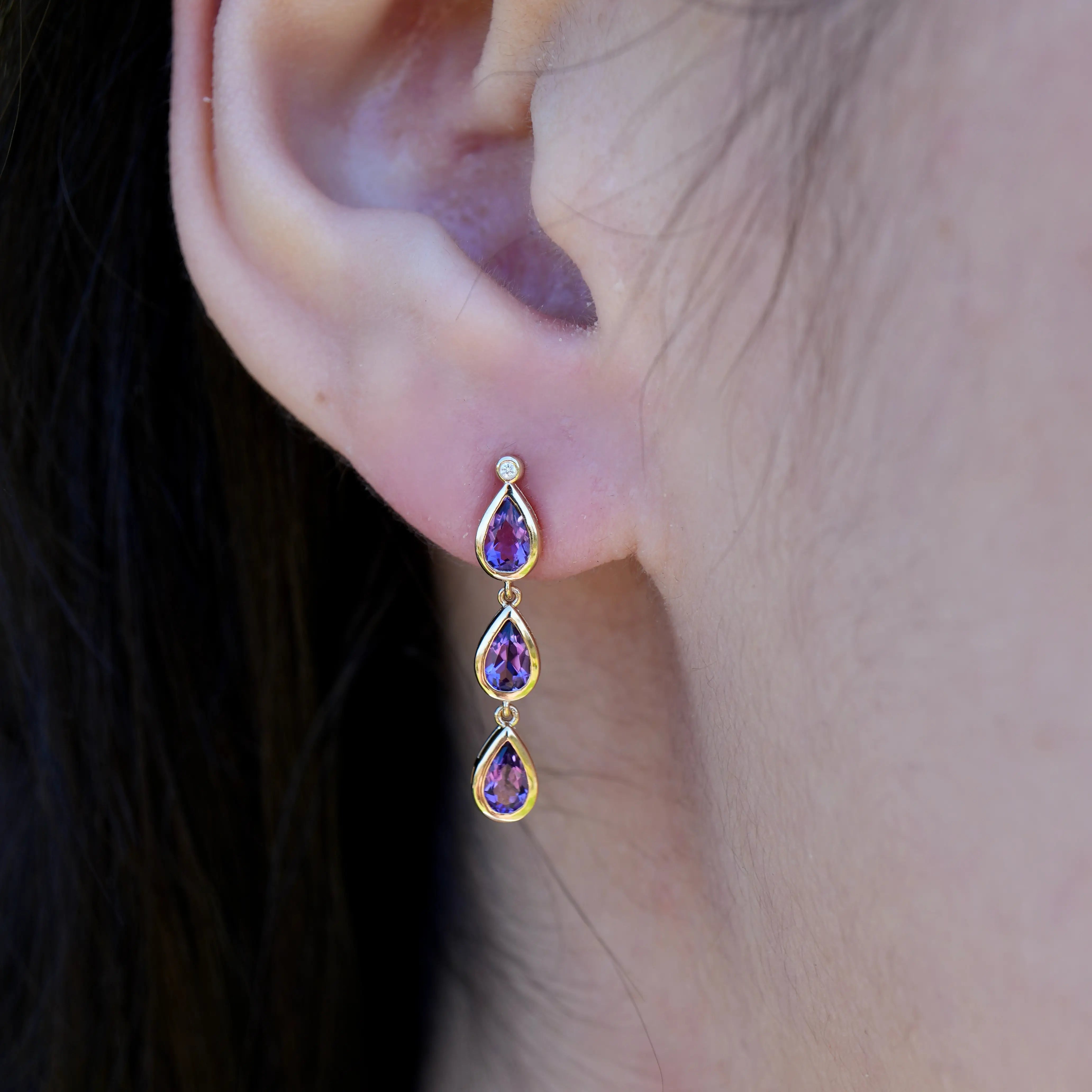 Venus Tears Pear Amethyst Diamond Drop Earrings 14K Yellow gold 