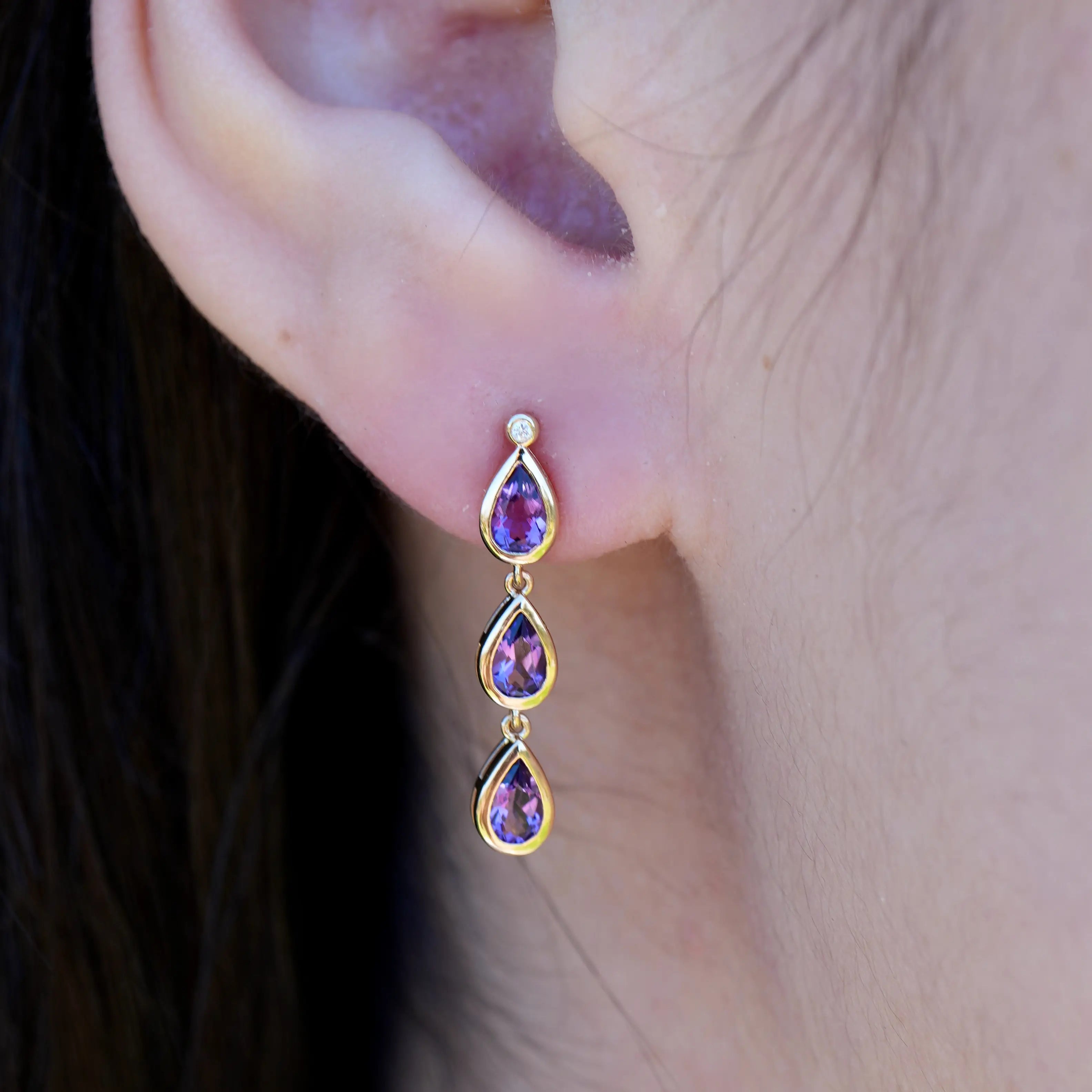 Venus Tears Pear Amethyst Diamond Drop Earrings 14K Yellow gold 