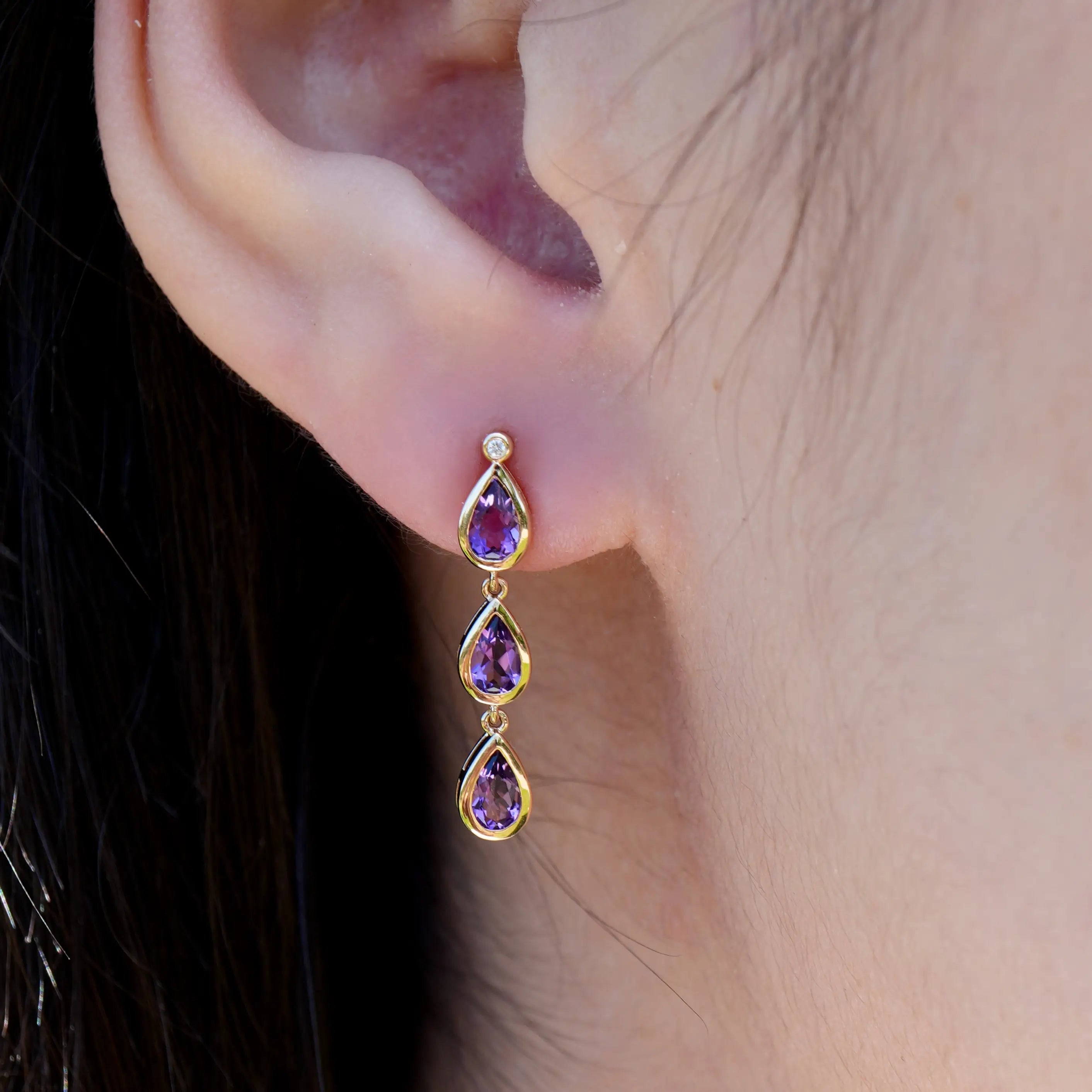 Venus Tears Amethyst Diamond Drop Earrings 14k yellow gold