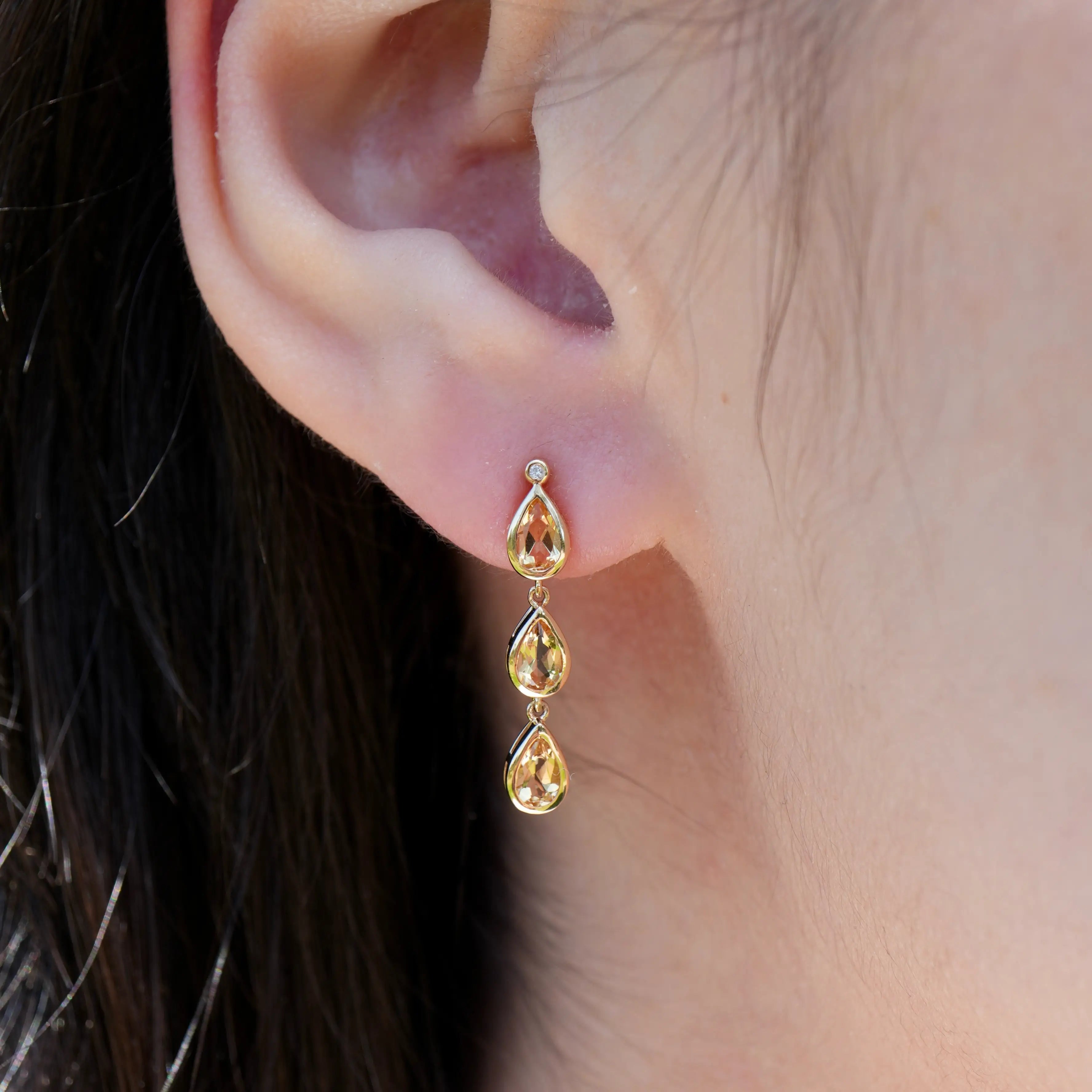 Venus Tears pear Citrine Diamond Drop Earrings 14k yellow gold