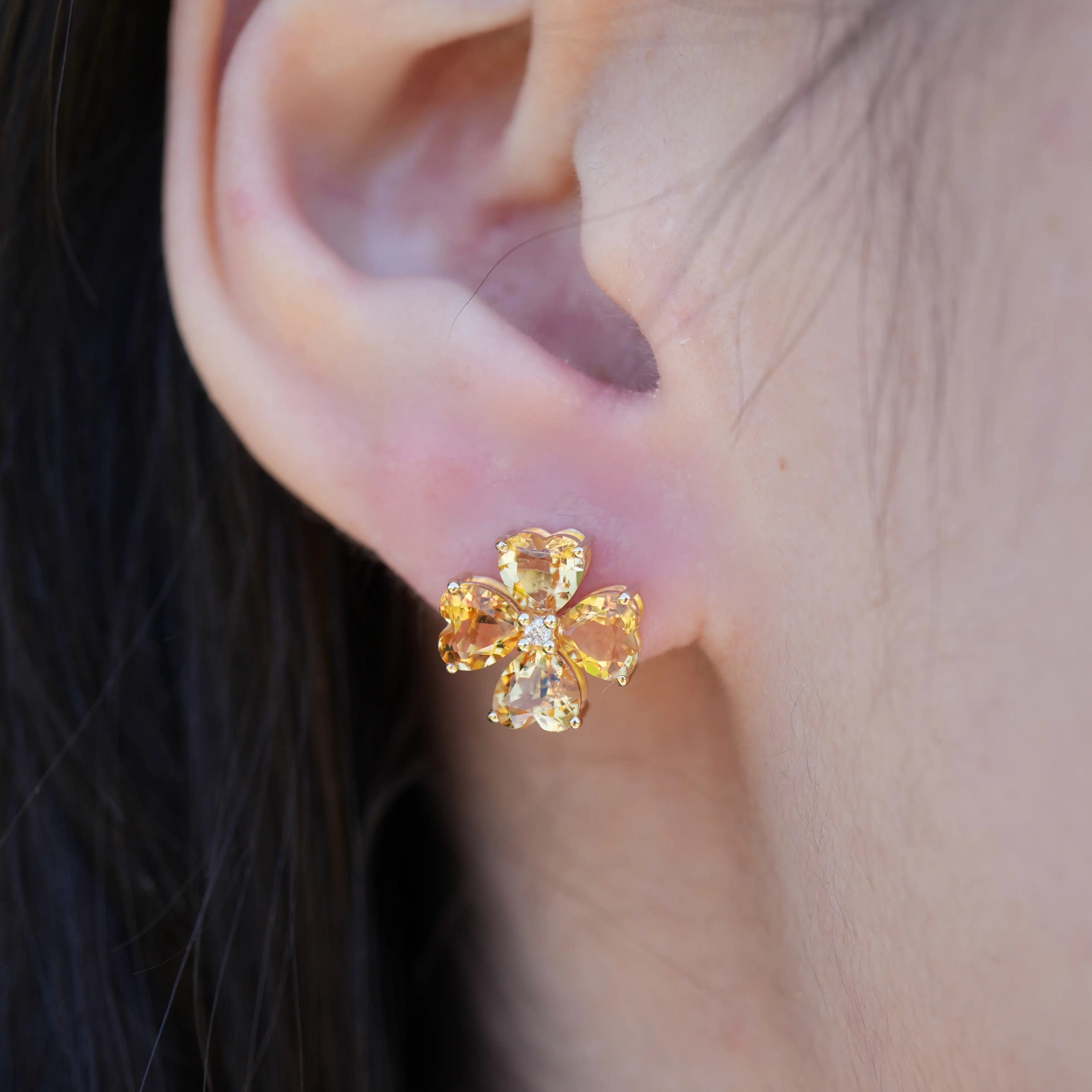 Pear Natural Citrine Diamond Clover Earrings 14K Yellow Gold 