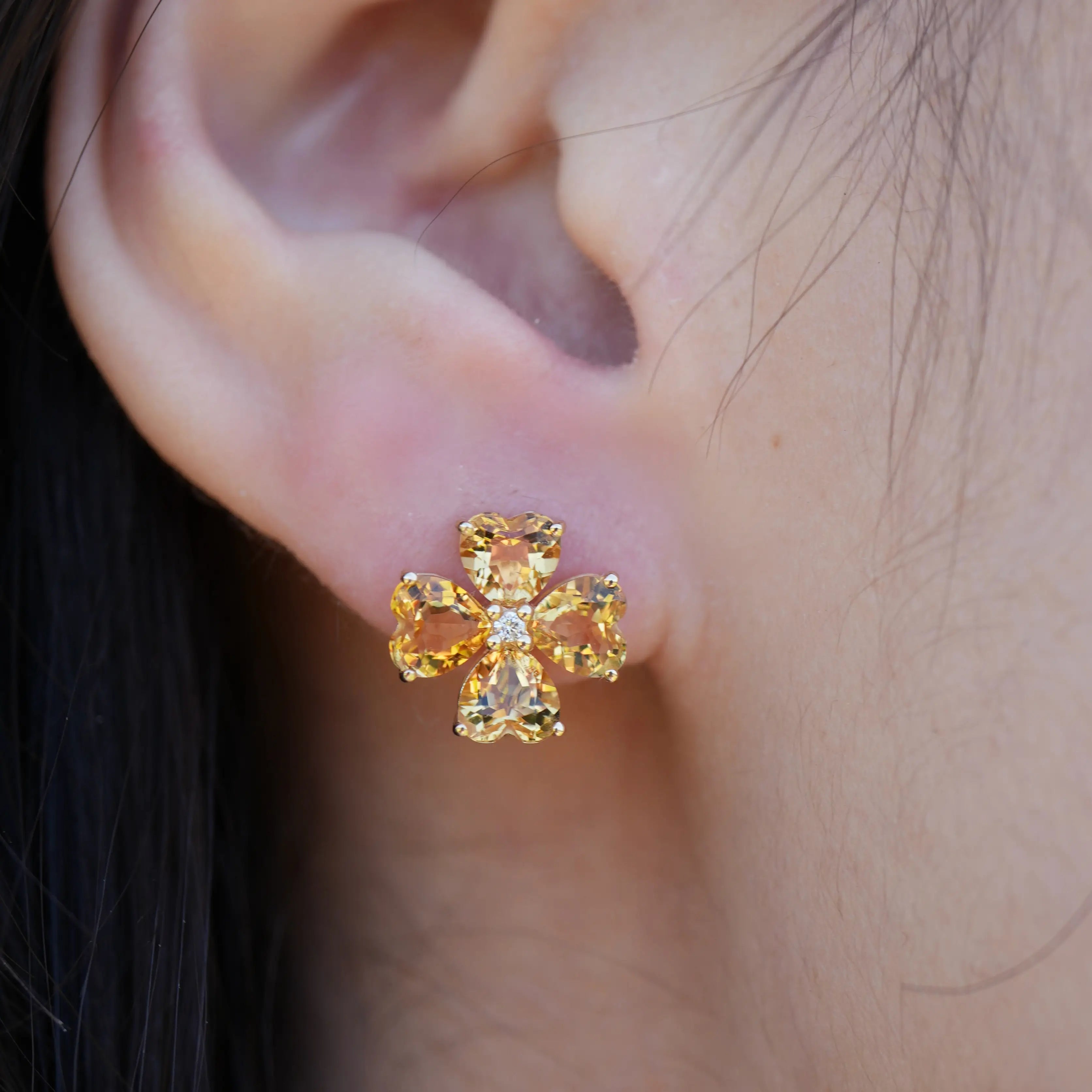 Natural Pear Citrine Diamond Clover Earrings 14k Yellow Gold