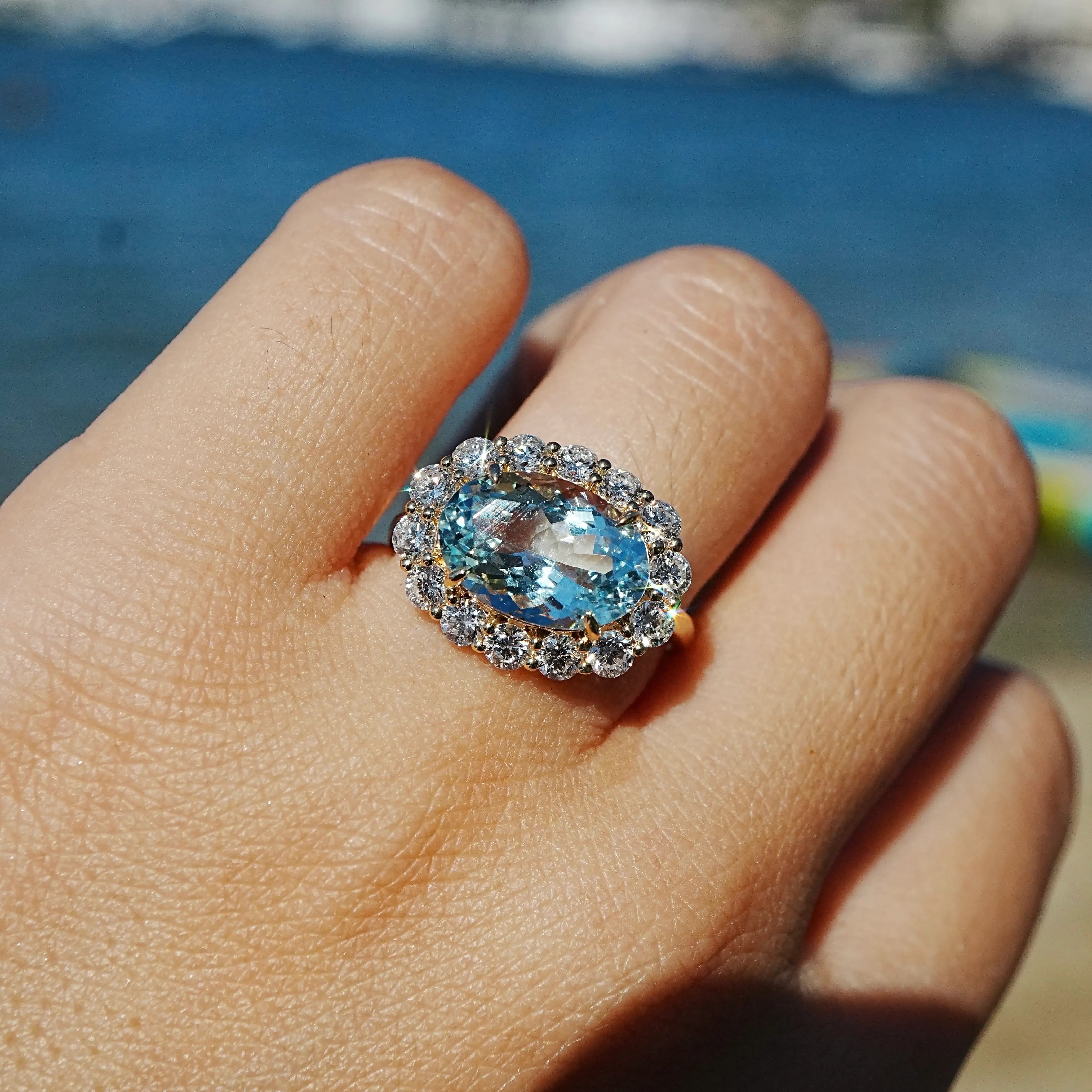 Eden Halo 4.37 ctw Natural Aquamarine & Lab Diamond East-West Ring in 14k yellow gold (One-of-a-Kind)