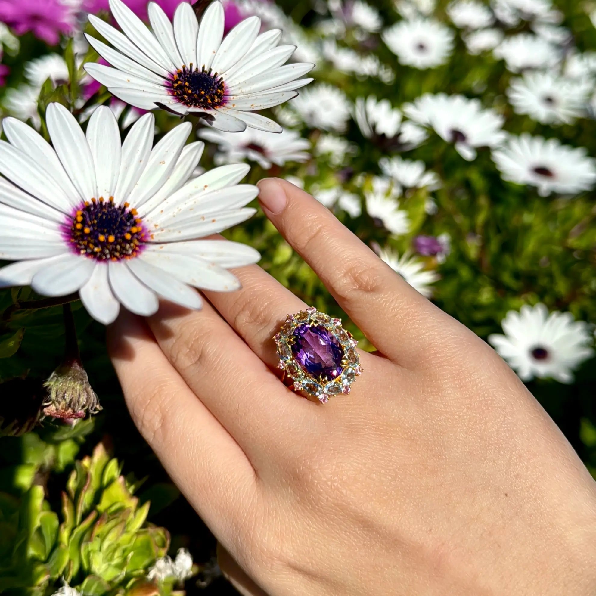 Mira Amethyst Aquamarine Pink Sapphire Cocktail Ring