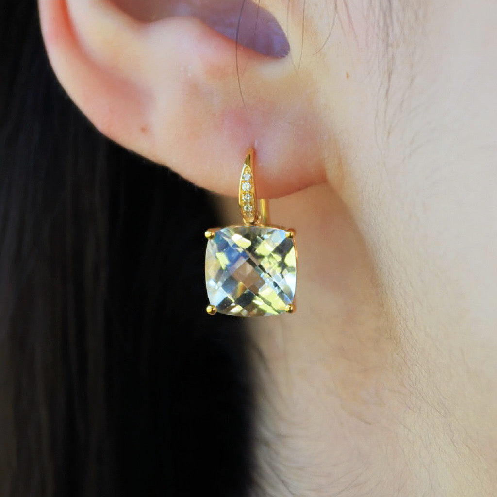 Radiant Prasiolite Green Amethyst Diamond Drop Earrings