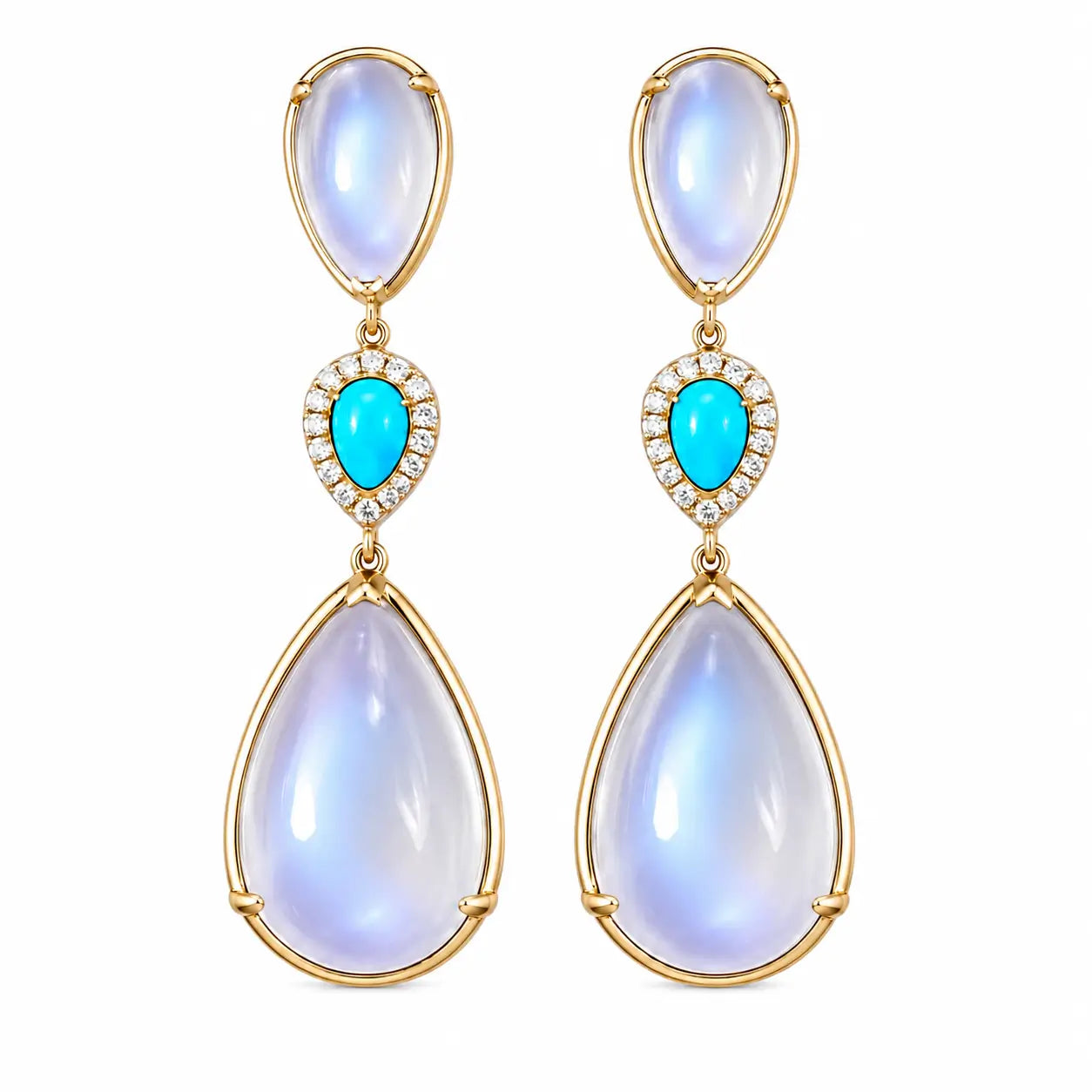 kai fine jewelry Garden Melody natural 27.36 ctw Natural Moonstone, Turquoise & Diamond Drop Earrings in 24k yellow gold (One-of-a-Kind)