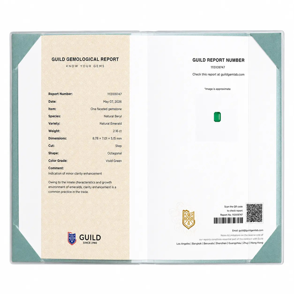 certificate of Aria Arch 4.64 ctw Guild Certified Emerald Stud Earrings (One-of-a-Kind)