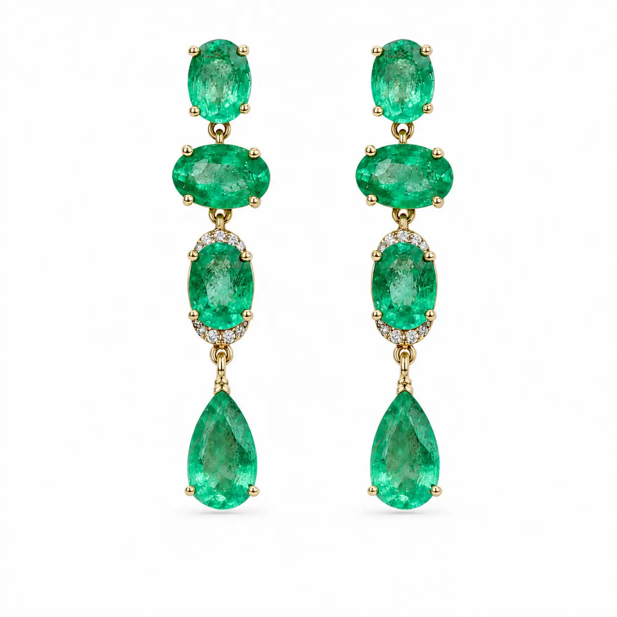 14k gold Garden Melody 3.92 ctw Natural Emerald & Diamond Drop Earrings (One-of-a-Kind)