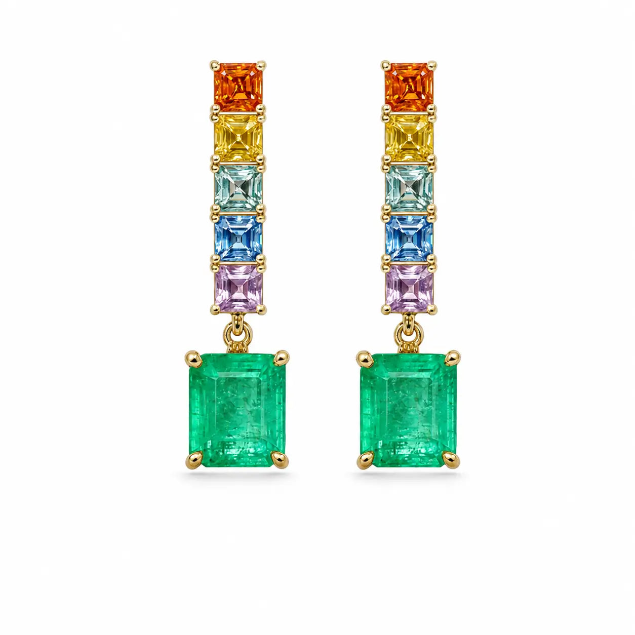 14k gold Garden Melody 3.56 ctw Natural Emerald & Sapphire Drop Earrings (One-of-a-Kind)