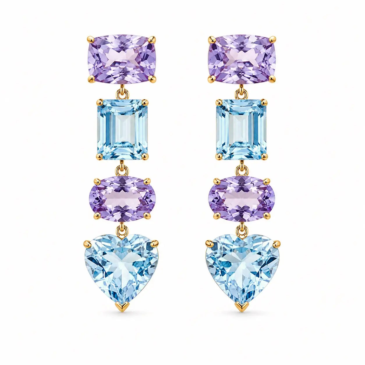 Garden Melody AIGS Certified 12.85 ctw Aquamarine & Lavender Amethyst Drop Earrings in 14k yellow gold (One-of-a-Kind)
