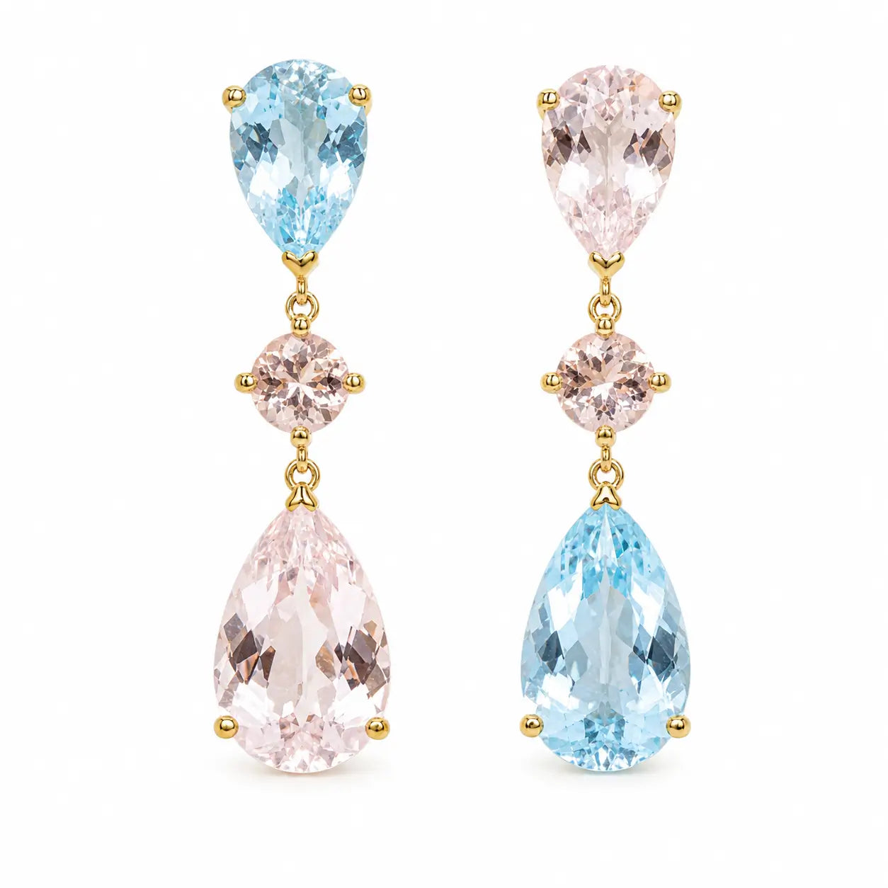 Garden Melody 7.88 ctw Natural Aquamarine & Pink Morganite Drop Earrings in 14k yellow gold (One-of-a-Kind)