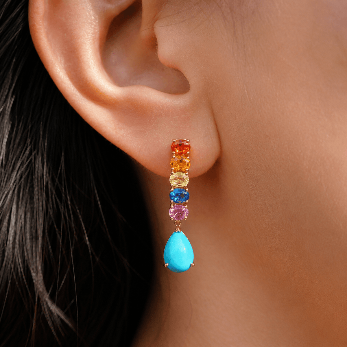 Garden Melody 7.10 ctw Natural Turquoise & Rainbow Sapphire Drop Earrings (One-of-a-Kind)