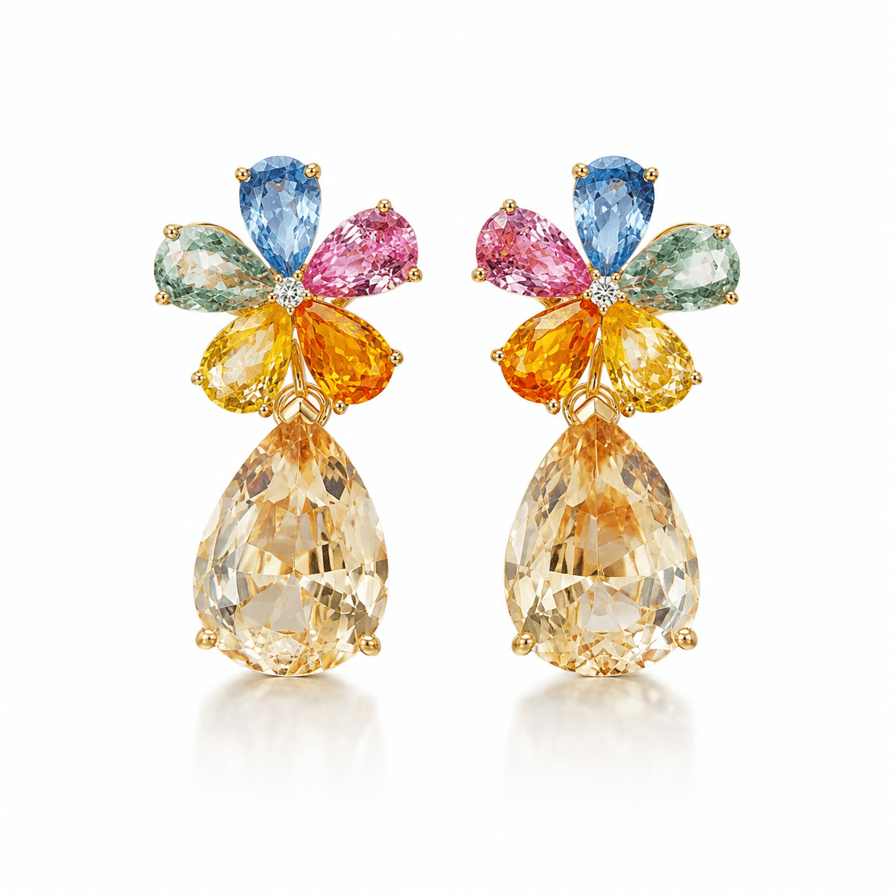 Garden Melody 13.43 ctw Natural Rainbow Sapphire, Champagne Scapolite & Diamond Drop Earrings (One-of-a-Kind)