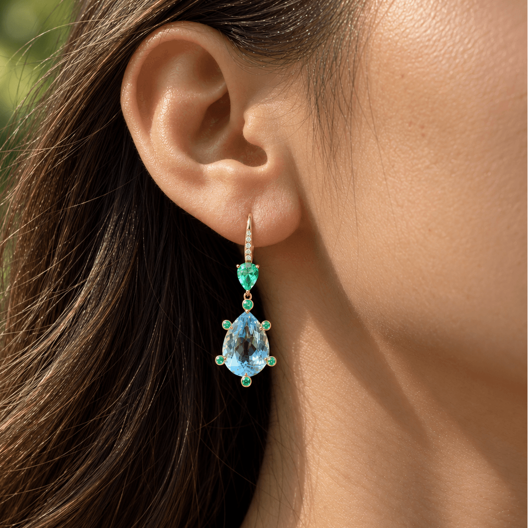 Garden Melody 9.48 ctw AIGS Certified Natural Aquamarine & Emerald Lever-Back Earrings (One-of-a-Kind)
