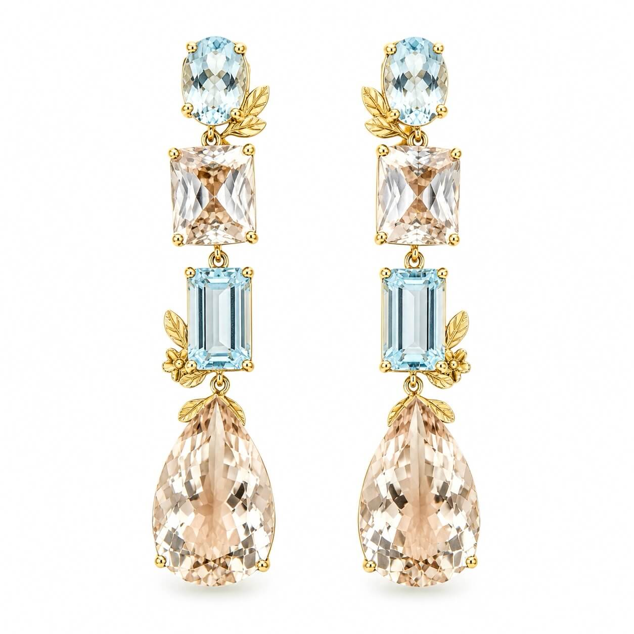 Garden Melody 34.85 ctw Natural Aquamarine & Champagne Scapolite Drop Earrings (One-of-a-Kind)