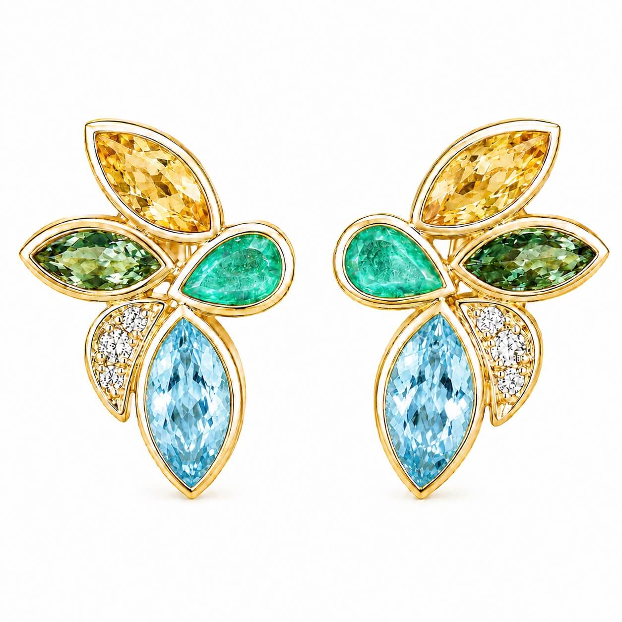 Tropical Flower 6.10 ctw Natural Sapphire, Emerald, Aquamarine & Diamond Earrings (One-of-a-Kind)