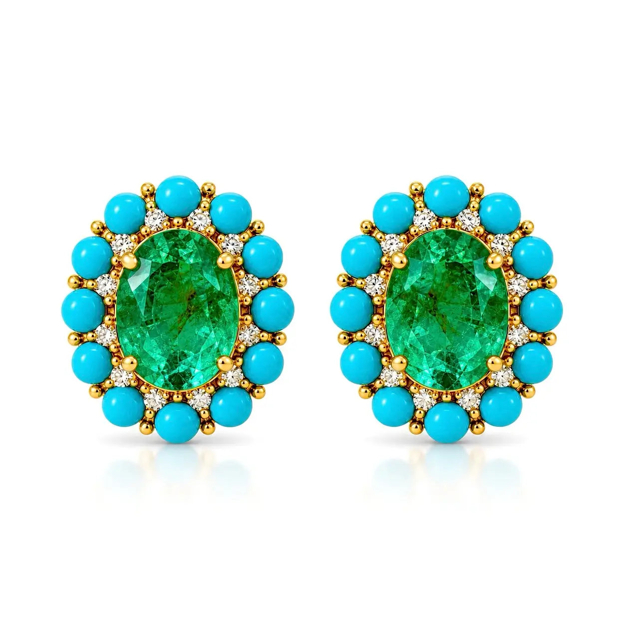 Belle Halo 3.41 ctw AIGS Certified Natural Emerald, Turquoise & Diamond Earrings (One-of-a-Kind)