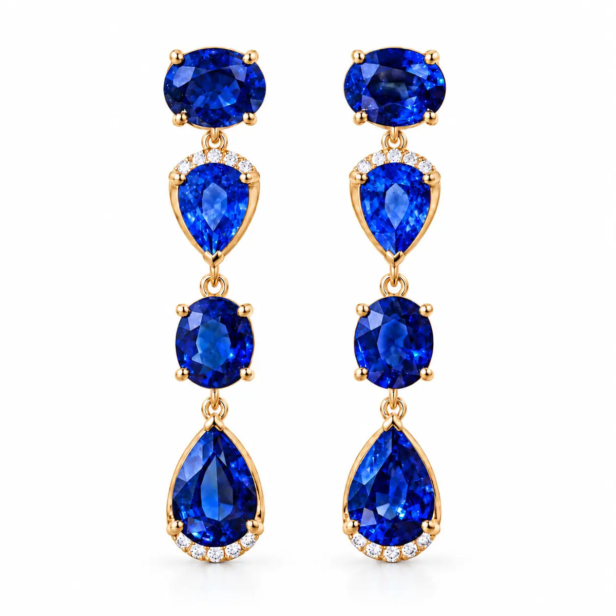 14k solid yellow gold Garden Melody AIGS Certified 5.13 ctw Natural Royal Blue Sapphire & Diamond Drop Earrings (One-of-a-Kind)