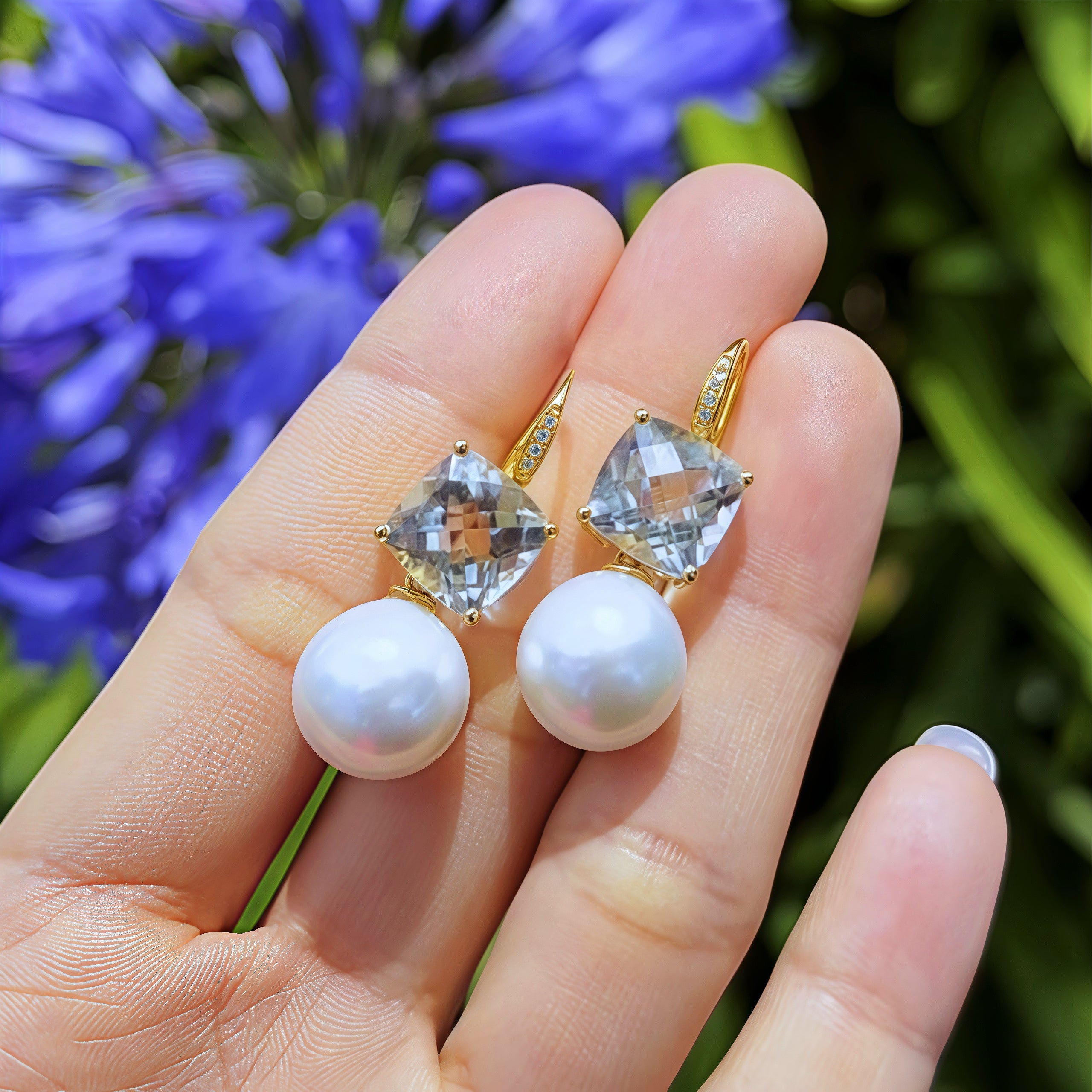 Radiant Prasiolite Green Amethyst Diamond Pearl Convertible Drop Earrings