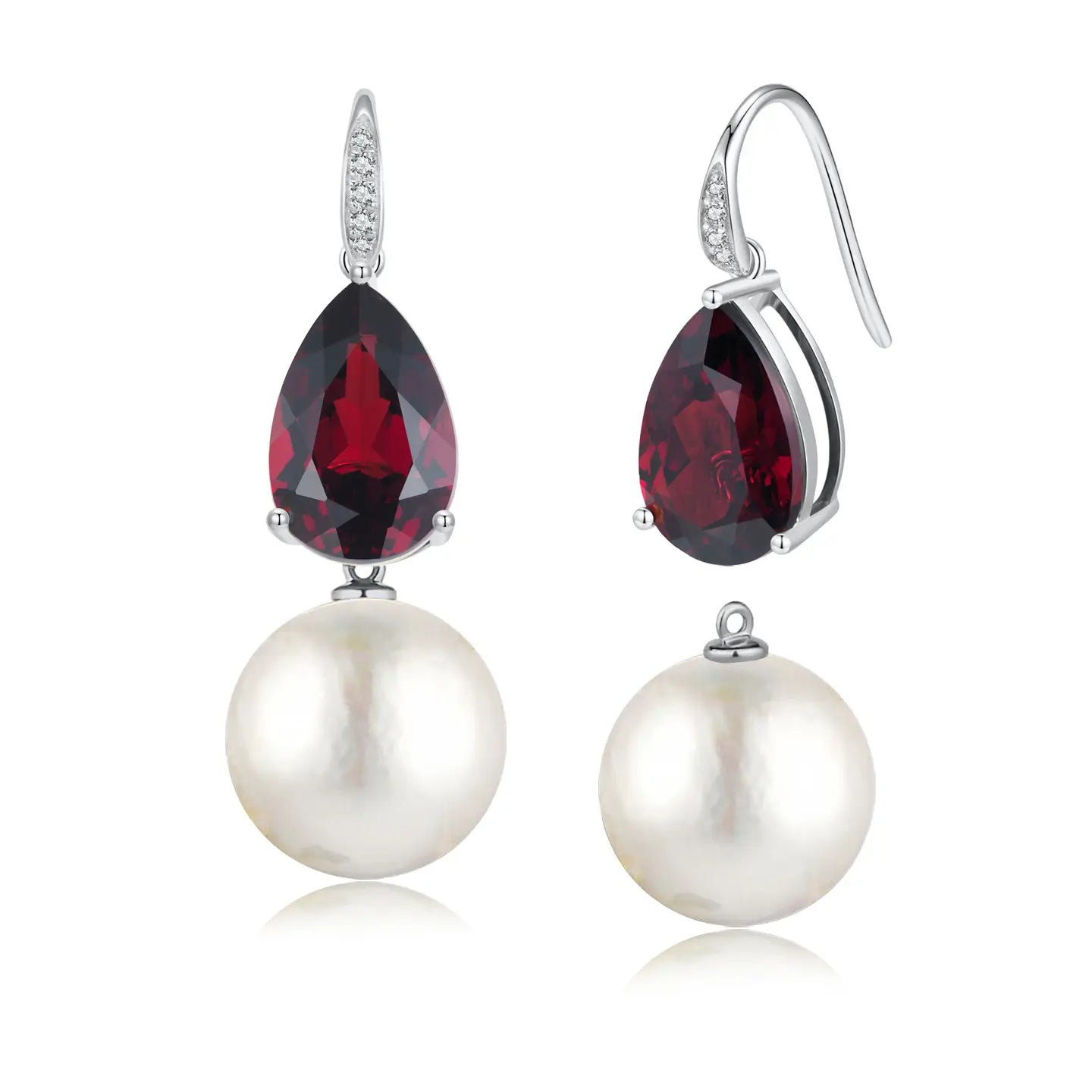 Radiant Pear Garnet Diamond Pearl Convertible Drop Earrings