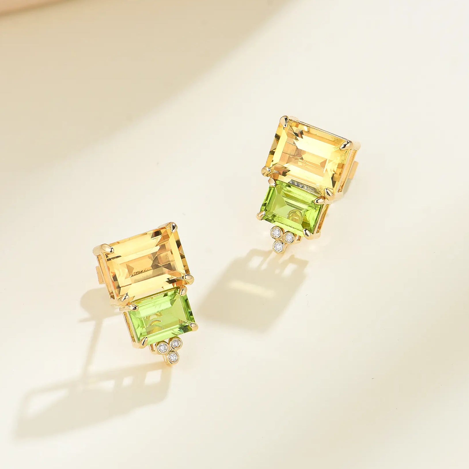 Natural Citrine Peridot Diamond Two Stones Earrings 14k yellow gold 