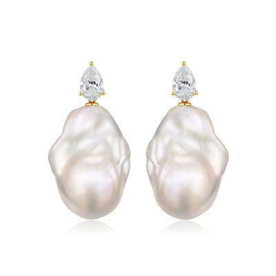 Venus Tears Lab Grown Diamond Baroque Pearl Convertible Drop Earrings 14K Yellow gold