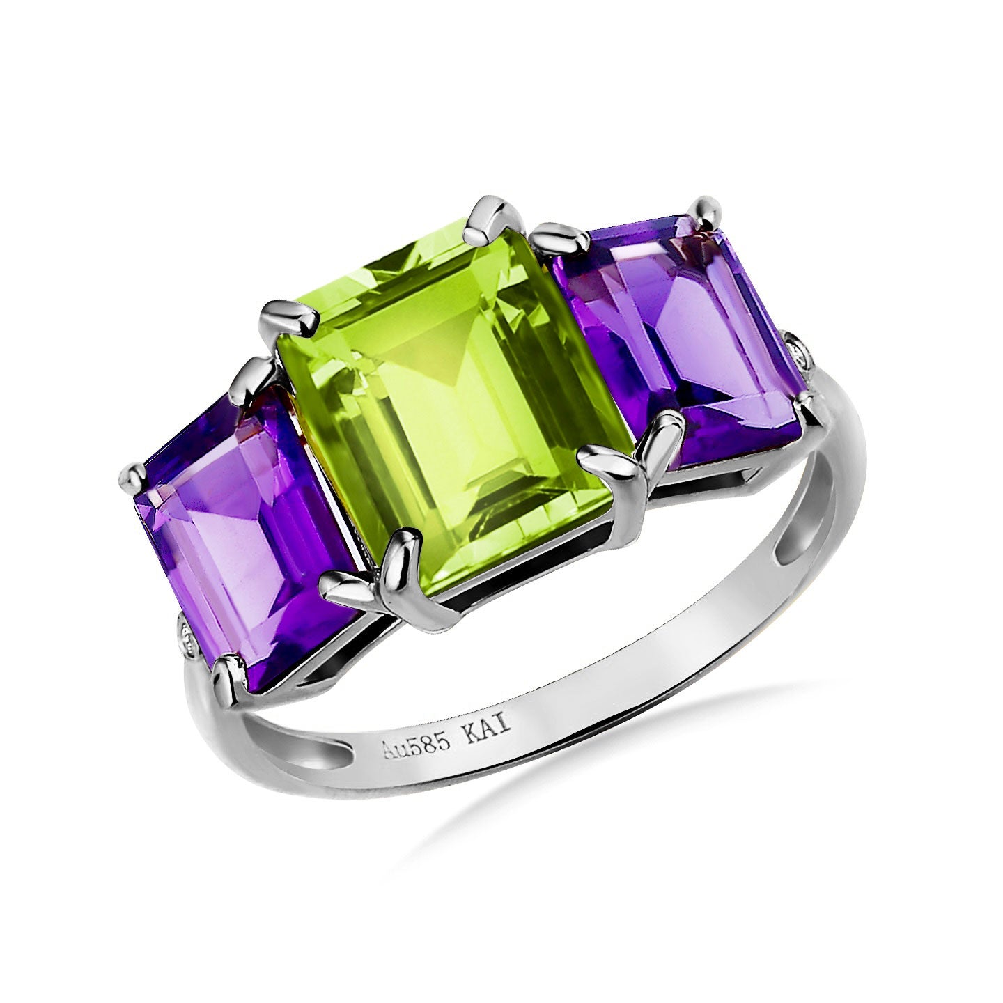 Fortune Peridot Amethyst Diamond Three-Stone Ring