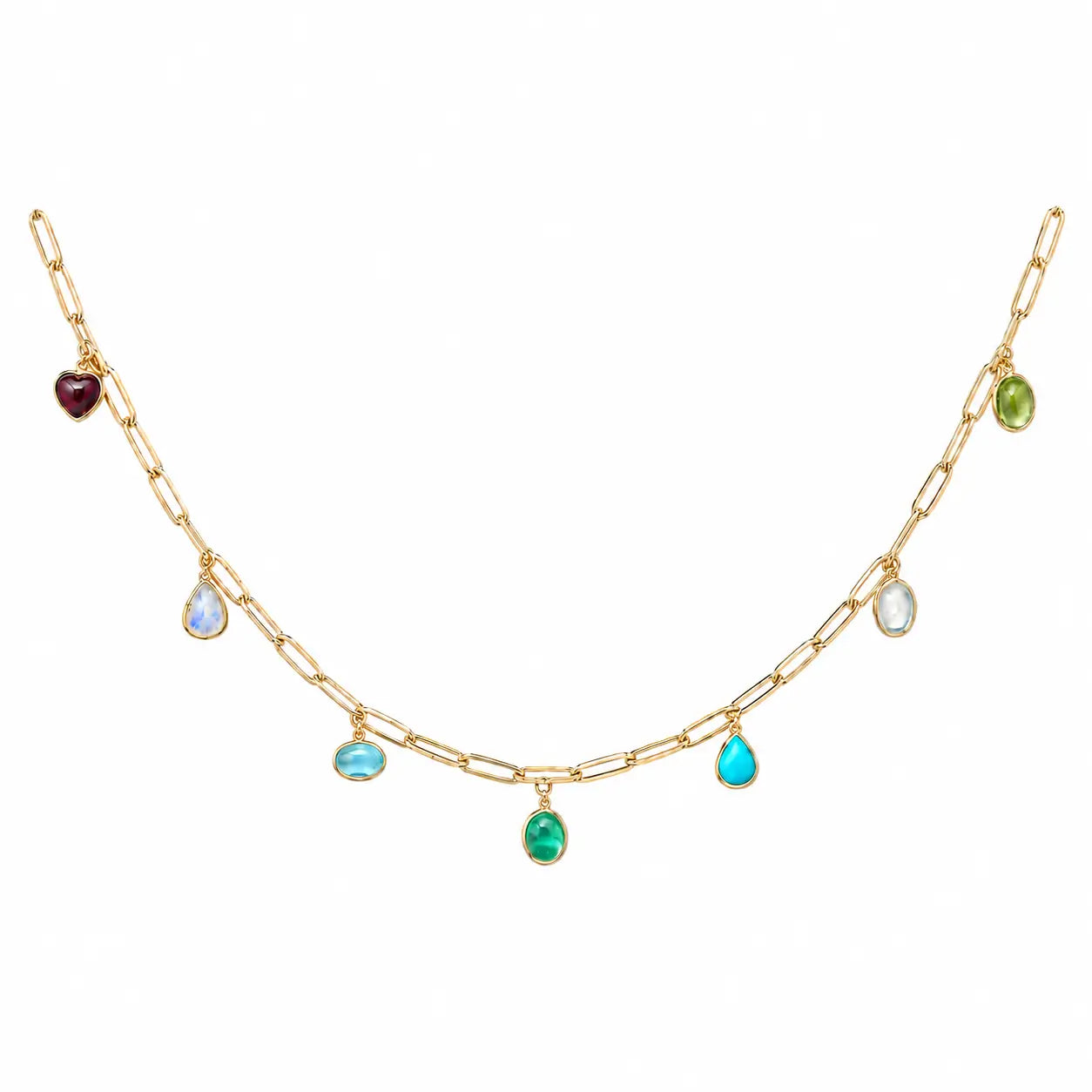 14k yellow gold Earthlight 7.53 ctw Natural Emerald & Turquoise Seven-Gemstone Paperclip Chain Necklace (One-of-a-Kind)