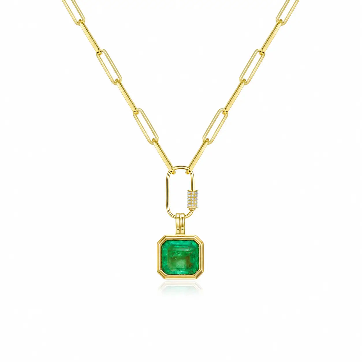 Bella 1.93ct Natural Emerald Diamond Lock Paperclip Chain Necklace (One-of-a-Kind)