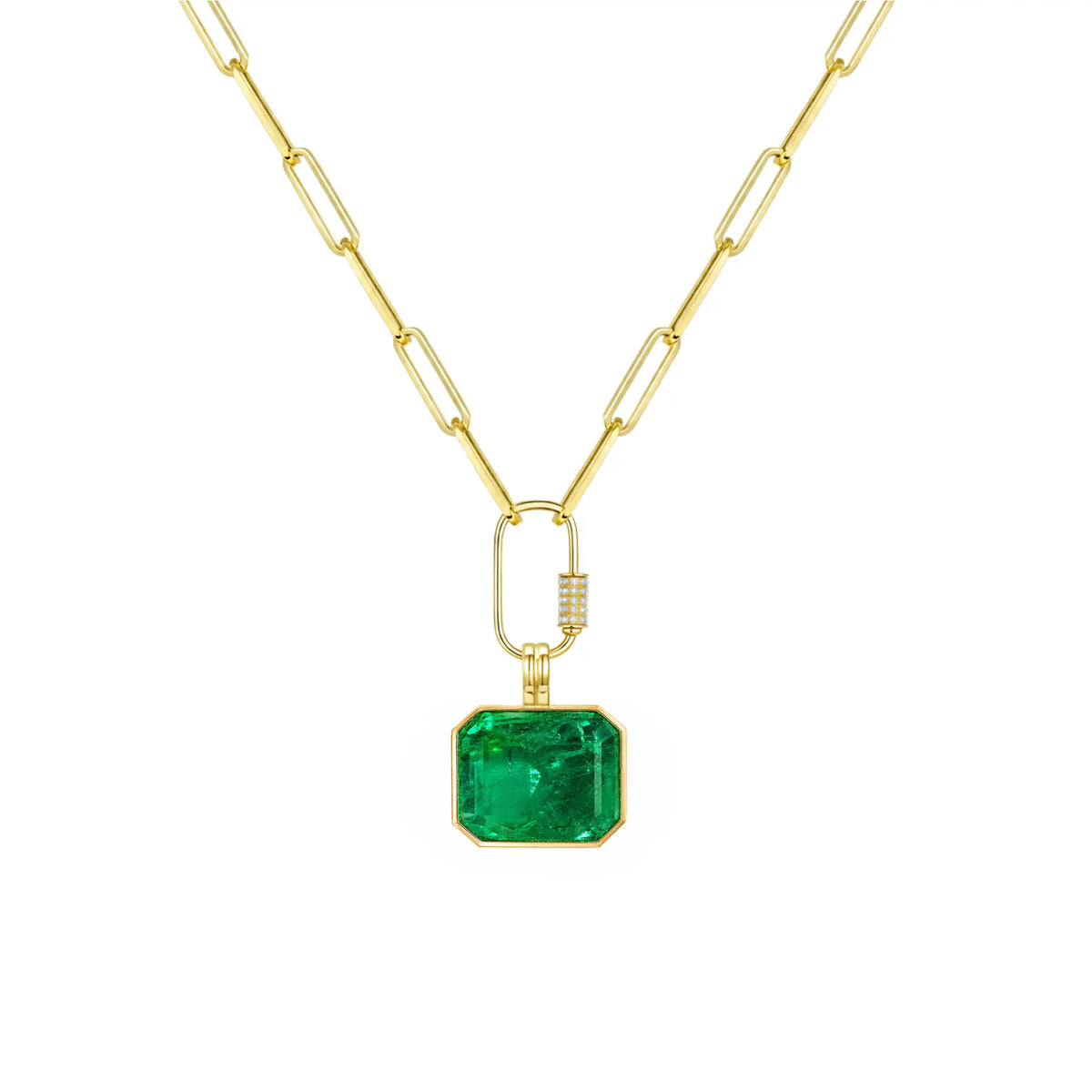Vivid Glance 5.12ct Natural Emerald Diamond Lock Paperclip Chain Necklace (One-of-a-Kind)