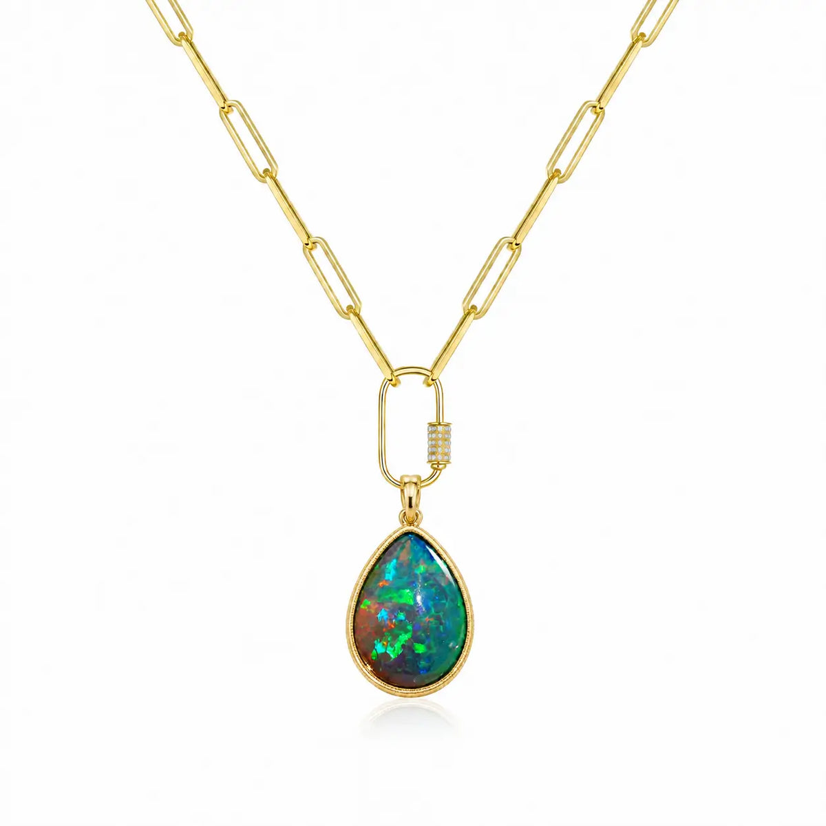 Vivid Glance 4.58ct Natural Black Opal Diamond Lock Paperclip Chain Necklace (One-of-a-Kind)