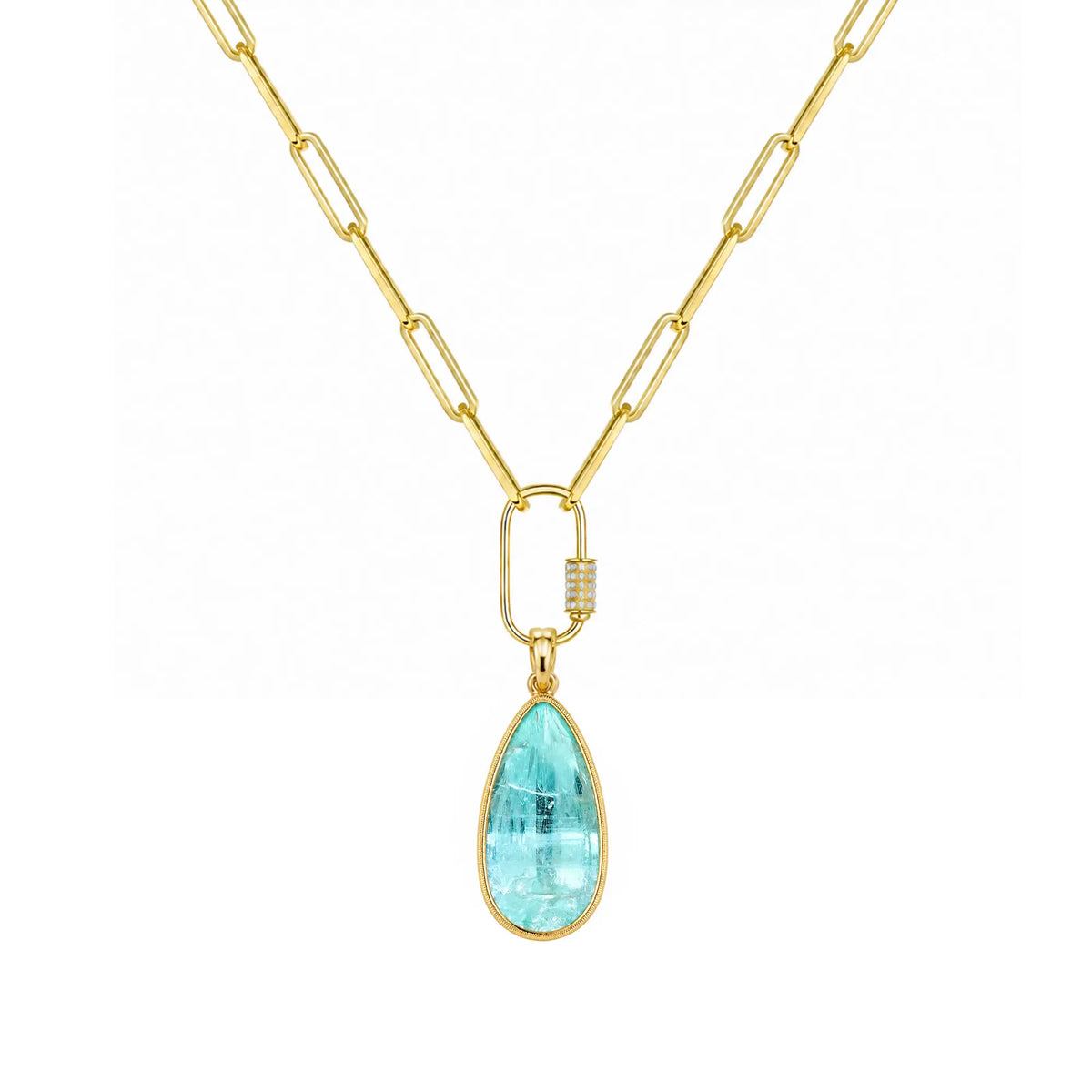 Vivid Glance 4.77ct Natural Vanadium Beryl Diamond Lock Paperclip Chain Necklace (One-of-a-Kind)
